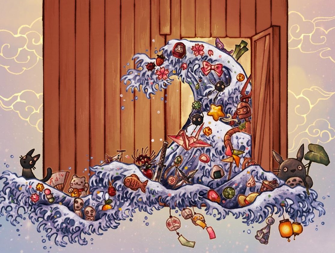 Abegebildet ist das gezeichnete Anime-Tag Poster. Darauf ist das Moritzhof-Logo, aus dem eine Welle schwabt, auf welcher sich viele Sachen aus verschiedenen Animes befinden.