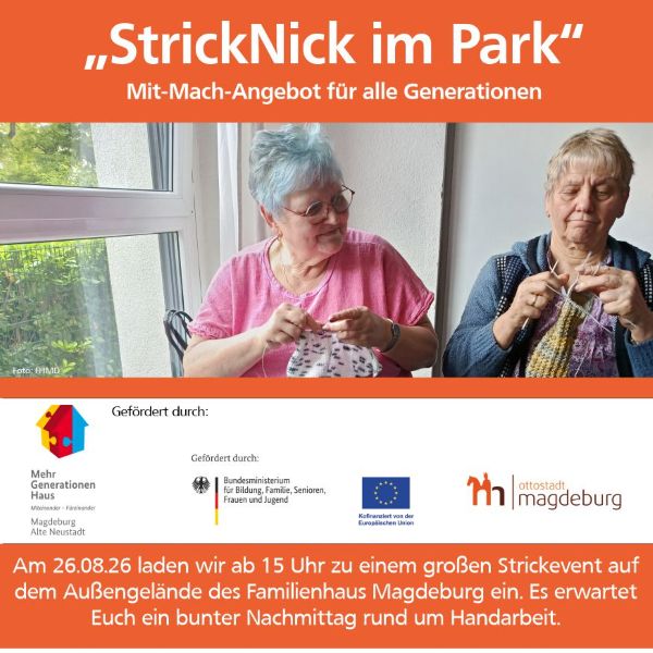 StrickNick im Park- Poster auf dem zwei ältere Damen zu sehen sind, welche Stricksachen in ihrer Hand haben.