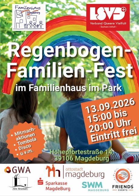 Das Plakat vom Regenbogen-Familien-Fest, auf welchem Kinder unter einem selbst gemalen Regenbogen zu sehen sind.