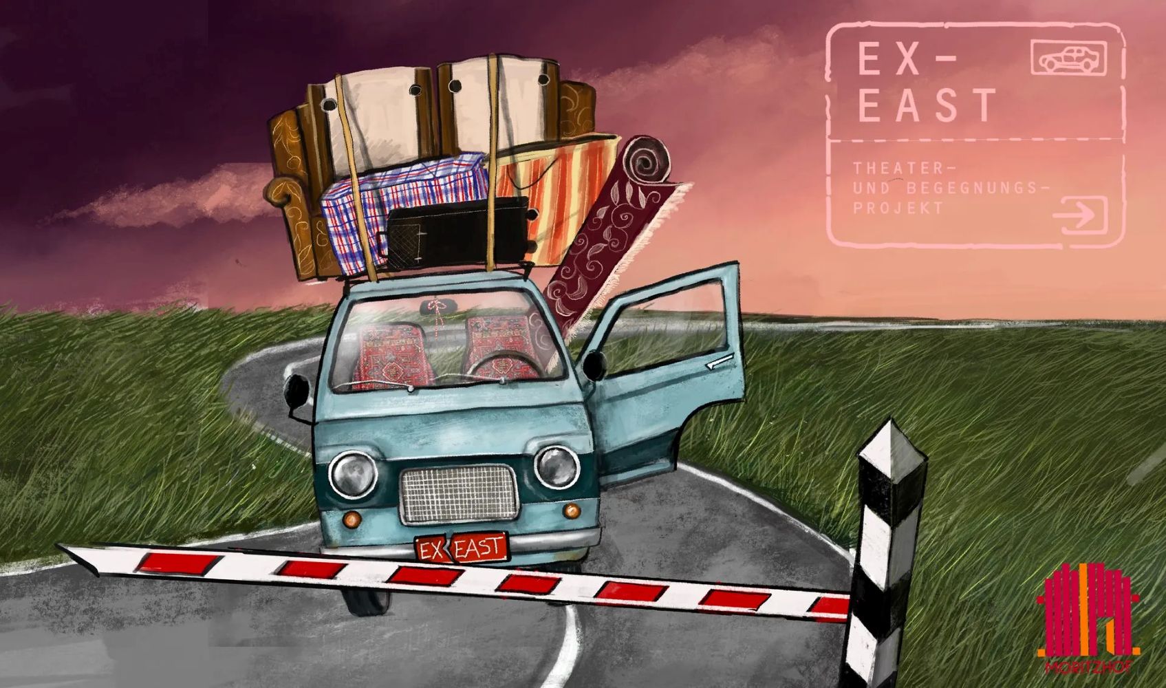 Titelgrafik des Projekts ExEast mit historischem Bus