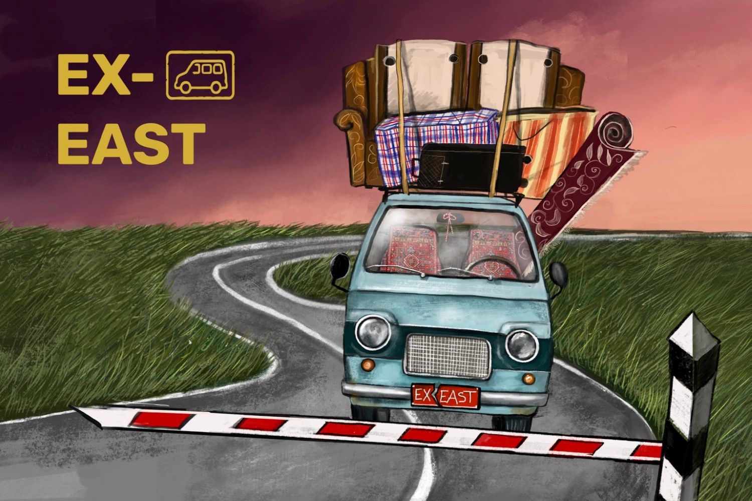 Titelgrafik des Theaterprojekts Ex-East, alter Bus vor einer Schranke