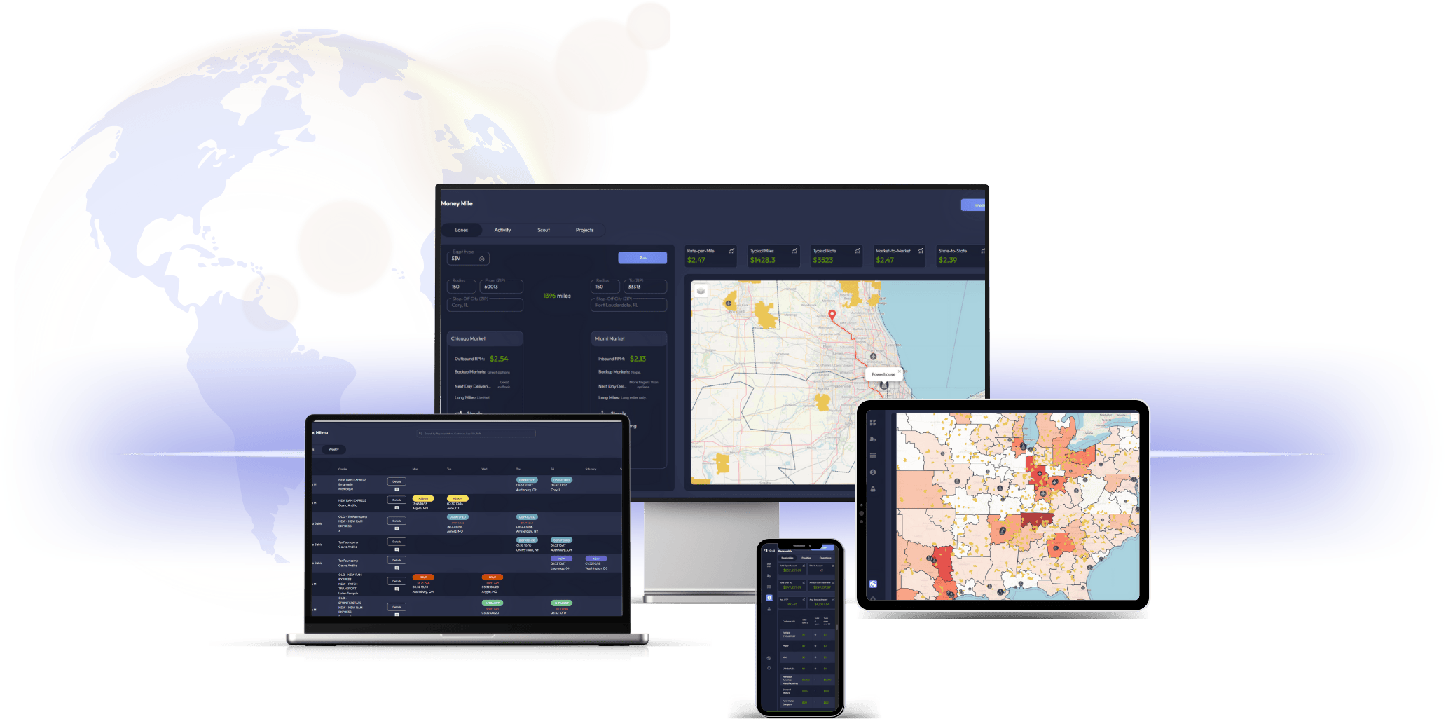 Three digital devices—a desktop monitor, laptop, and tablet—display dashboards with maps, charts, and data analytics against a background of a faint globe image.