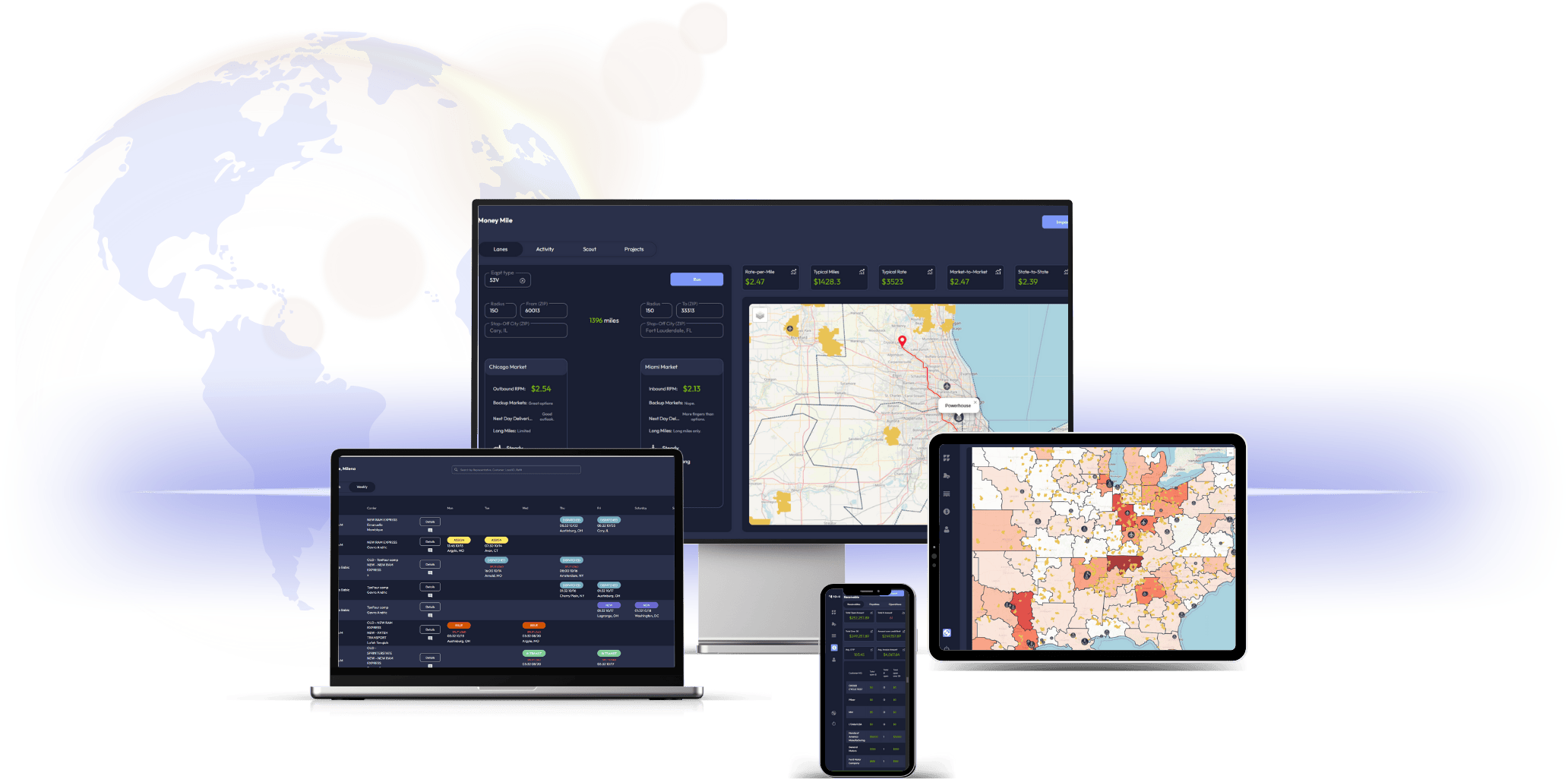 Digital global logistics interface showing maps and data visualizations on a desktop, laptop, tablet, and smartphone screens with a translucent Earth globe in the background.
