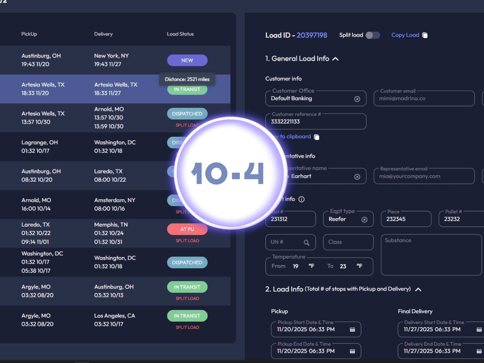 Logistics dashboard showing shipment details, pickup and delivery locations with times and statuses, and load info including customer and representative data.