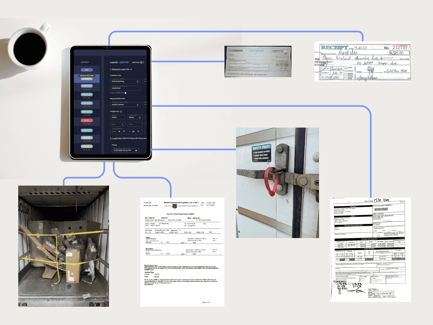 Tablet displaying freight load details connected by blue lines to images of delivery documents, receipts, a truck with boxes secured by yellow straps, and a locked trailer door with a red seal.