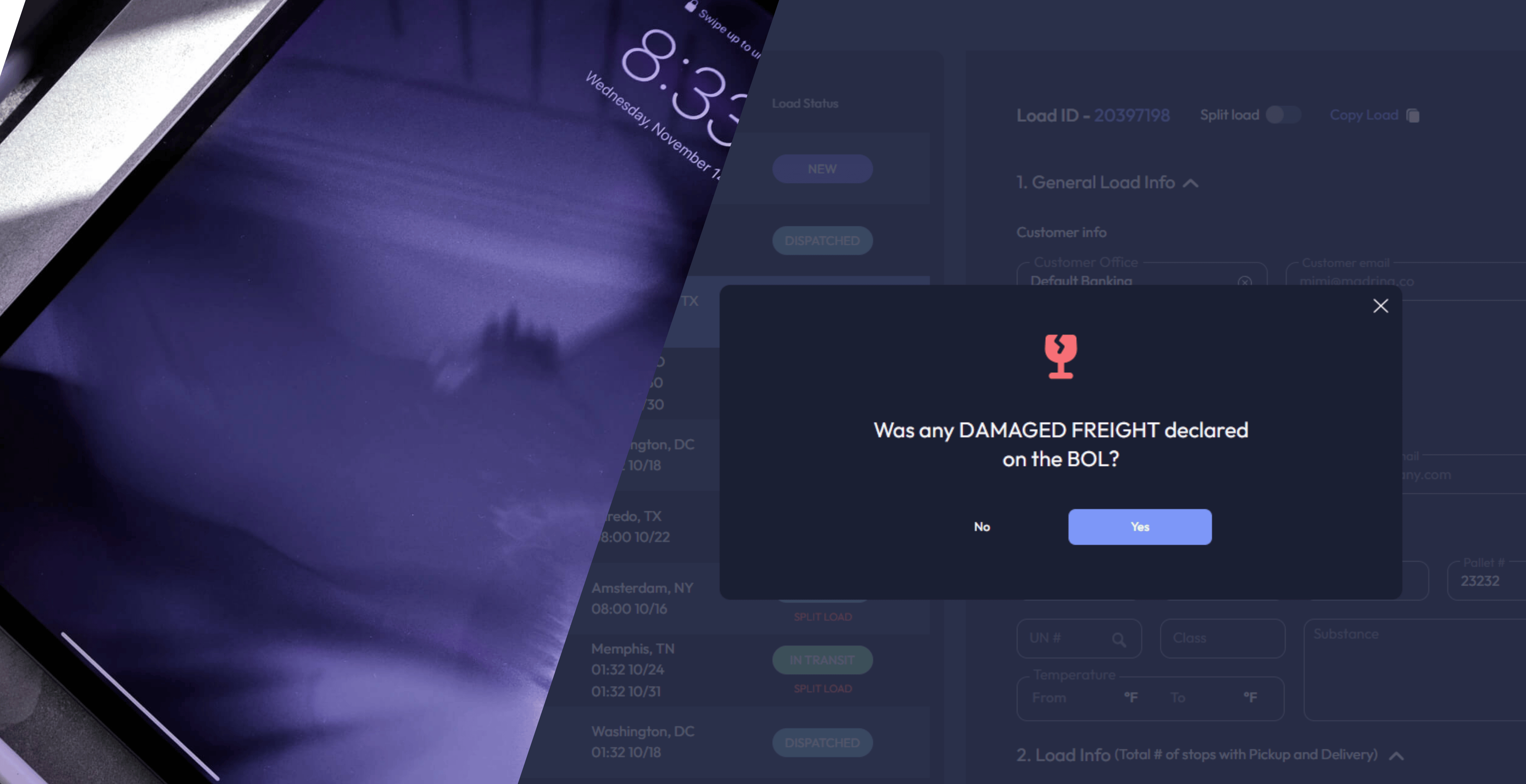 Tablet screen showing a pop-up message asking if any damaged freight was declared on the bill of lading with Yes and No options.