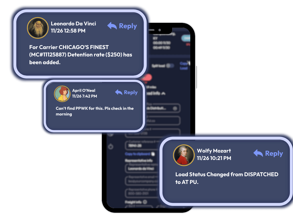 Multiple devices displaying logistics software with maps, shipment routes, and data analytics on dark backgrounds.