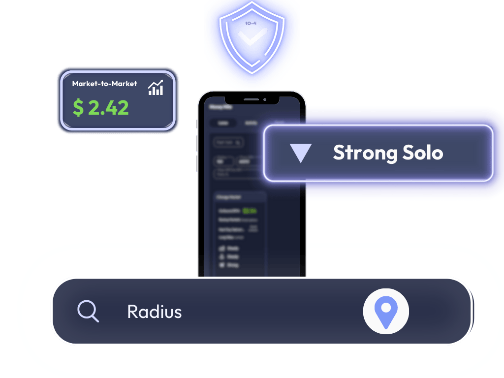 User interface elements showing market value $2.42, a shield with checkmark icon, dropdown labeled Strong Solo, and a search bar with the word Radius and a location pin icon.