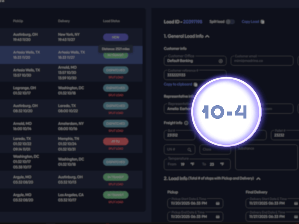 User interface screen showing a list of shipment loads with pickup and delivery locations, load statuses, and a highlighted 10-4 icon in the center.