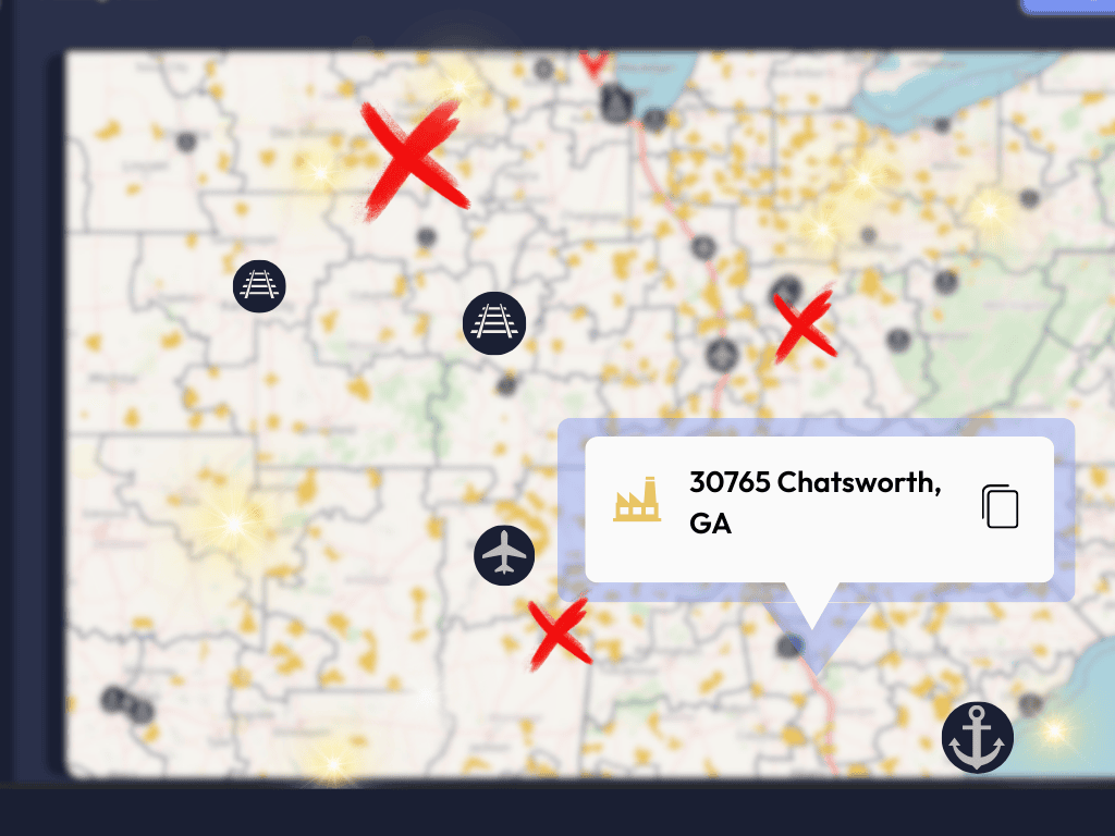 Map of central United States with several red X marks over Missouri, Illinois, and Arkansas, highlighted location labeled 30705 Chatsworth, GA, and icons representing airports, ports, and cities.
