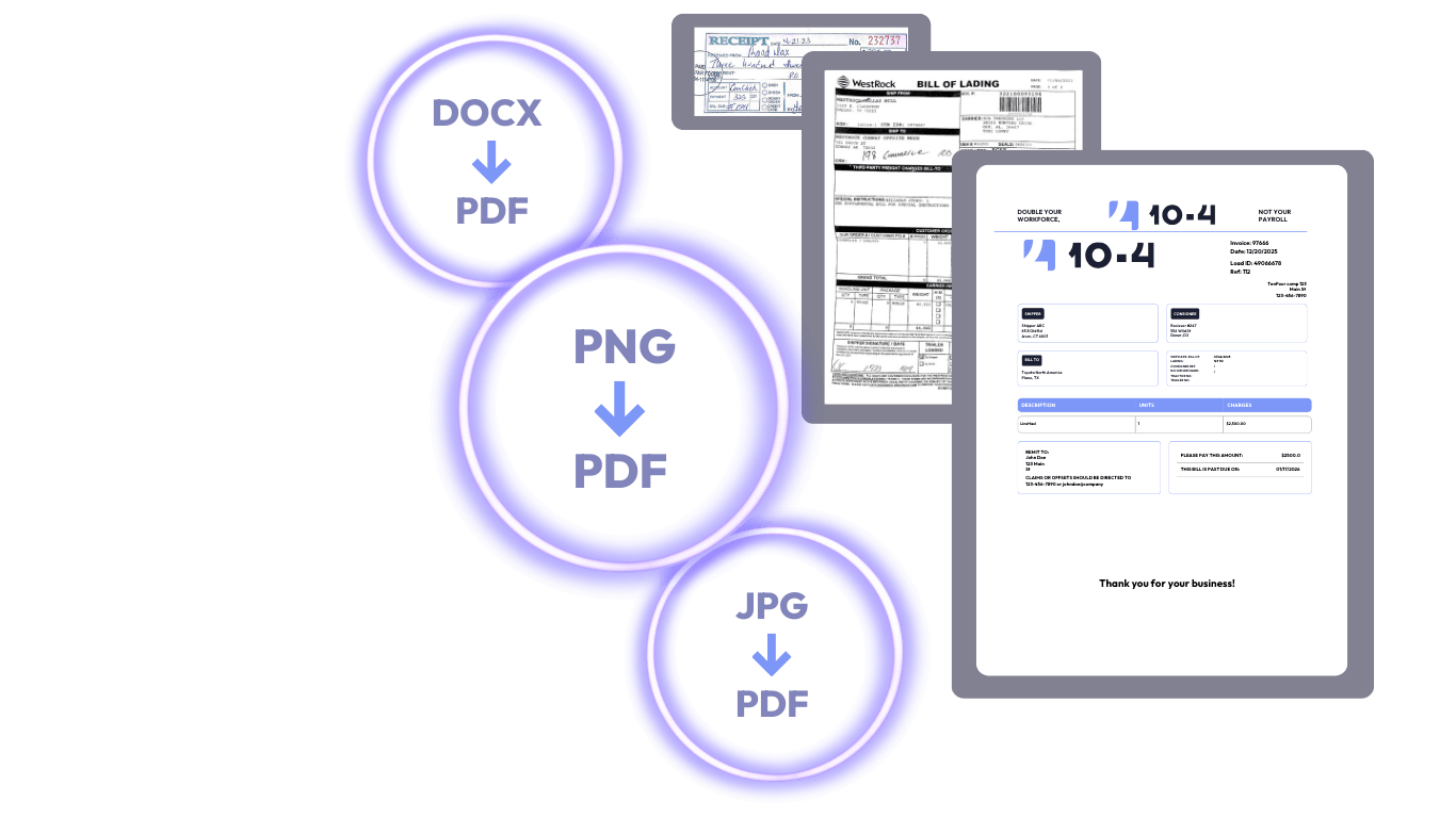 Graphic showing DOCX, PNG, and JPG file formats converting to PDF, with examples of receipts and invoices on the right.