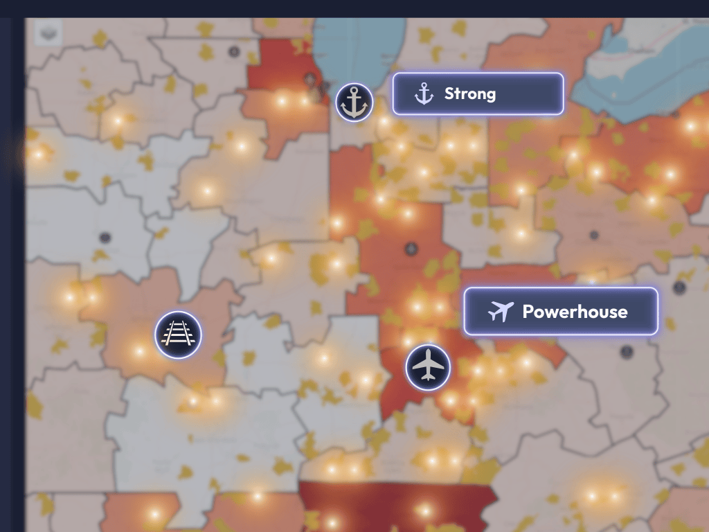 Map with highlighted regions and glowing points, showing icons for a railroad, an anchor, and an airplane near a label reading Powerhouse.
