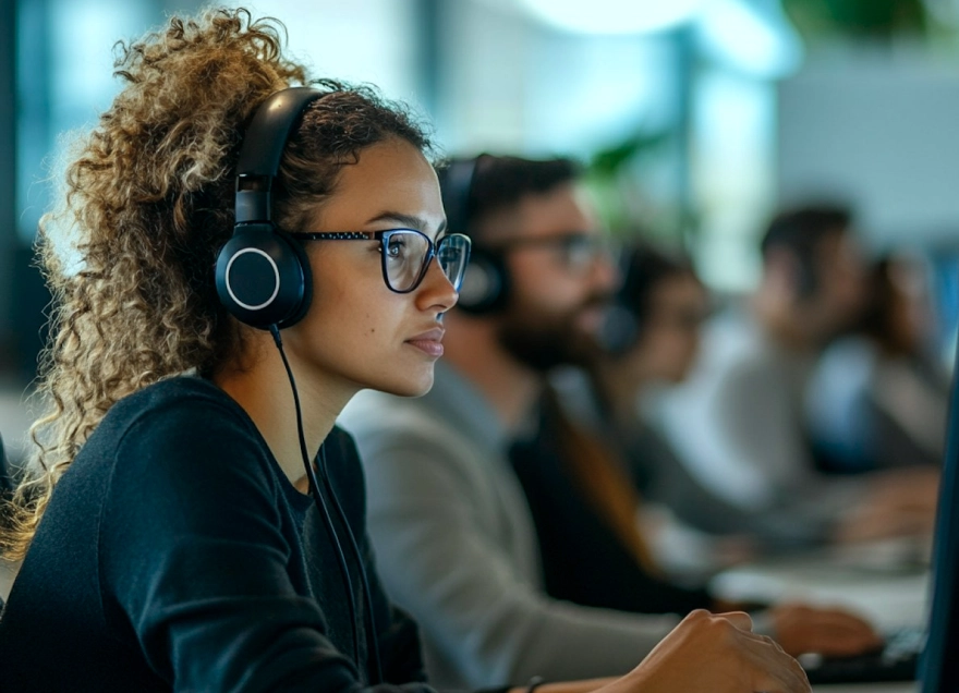 Young woman with curly hair and glasses wearing headphones, focused on a computer screen in an office setting with colleagues in the background.