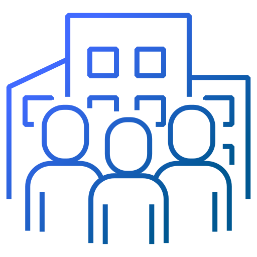 Icon of three people standing in front of buildings representing employees or a workforce.