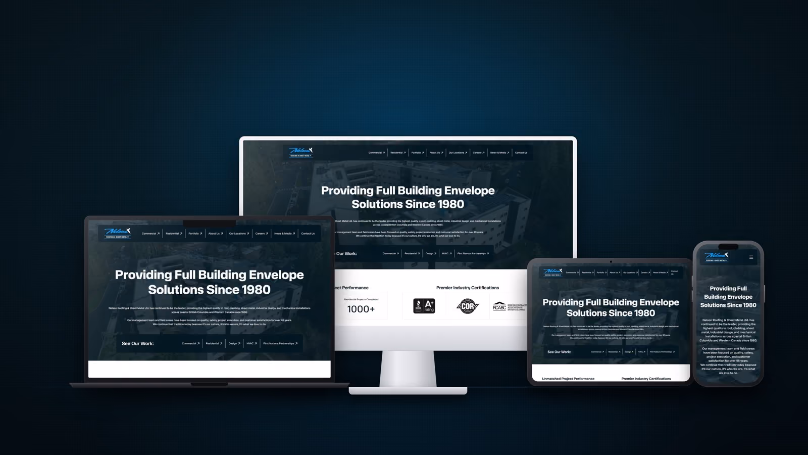 The new Nelson Roofing website shown on a laptop, desktop, tablet and phone.