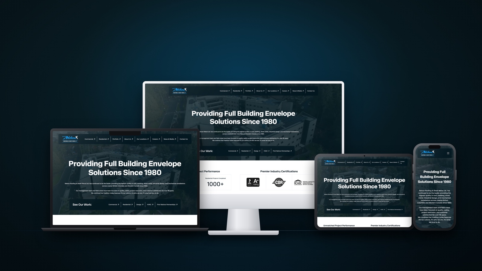 The new Nelson Roofing website shown on a laptop, desktop, tablet and phone.
