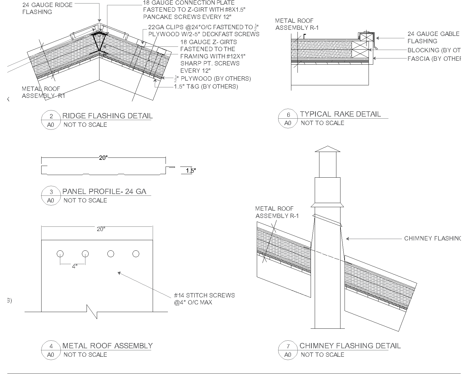 technical drawings of metal roof flashing and panel assembly details