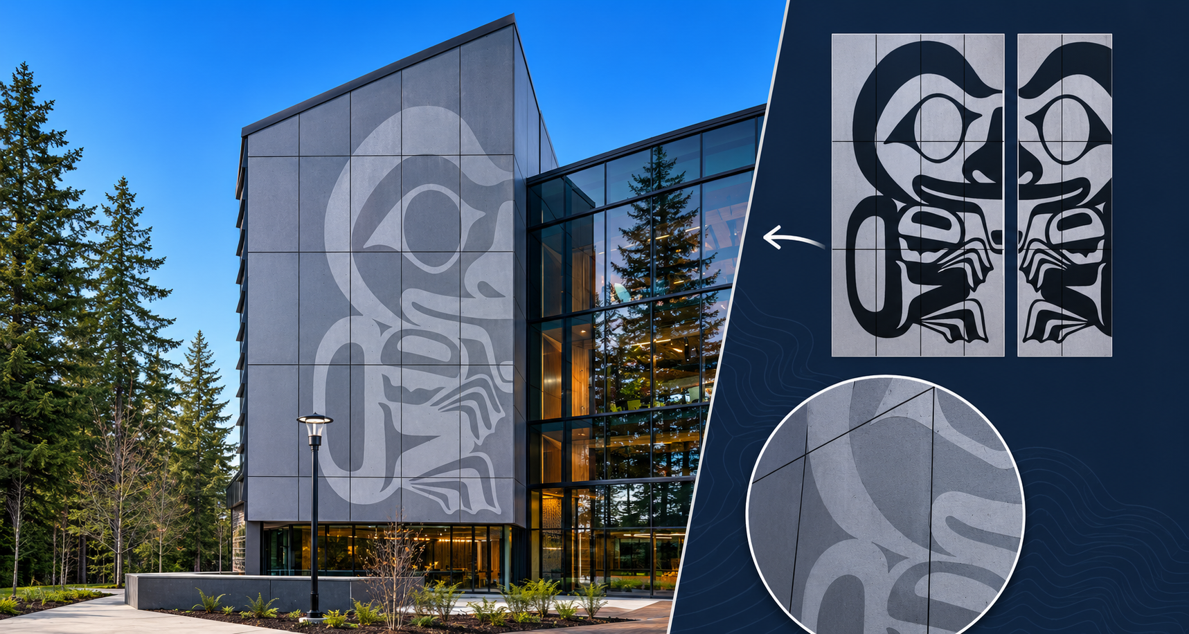 building facade with a large graphic pattern on metal cladding panels and a detail inset