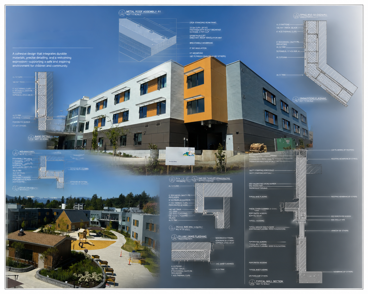 technical drawings of roof and wall assembly details overlaid on a multi-story building photo
