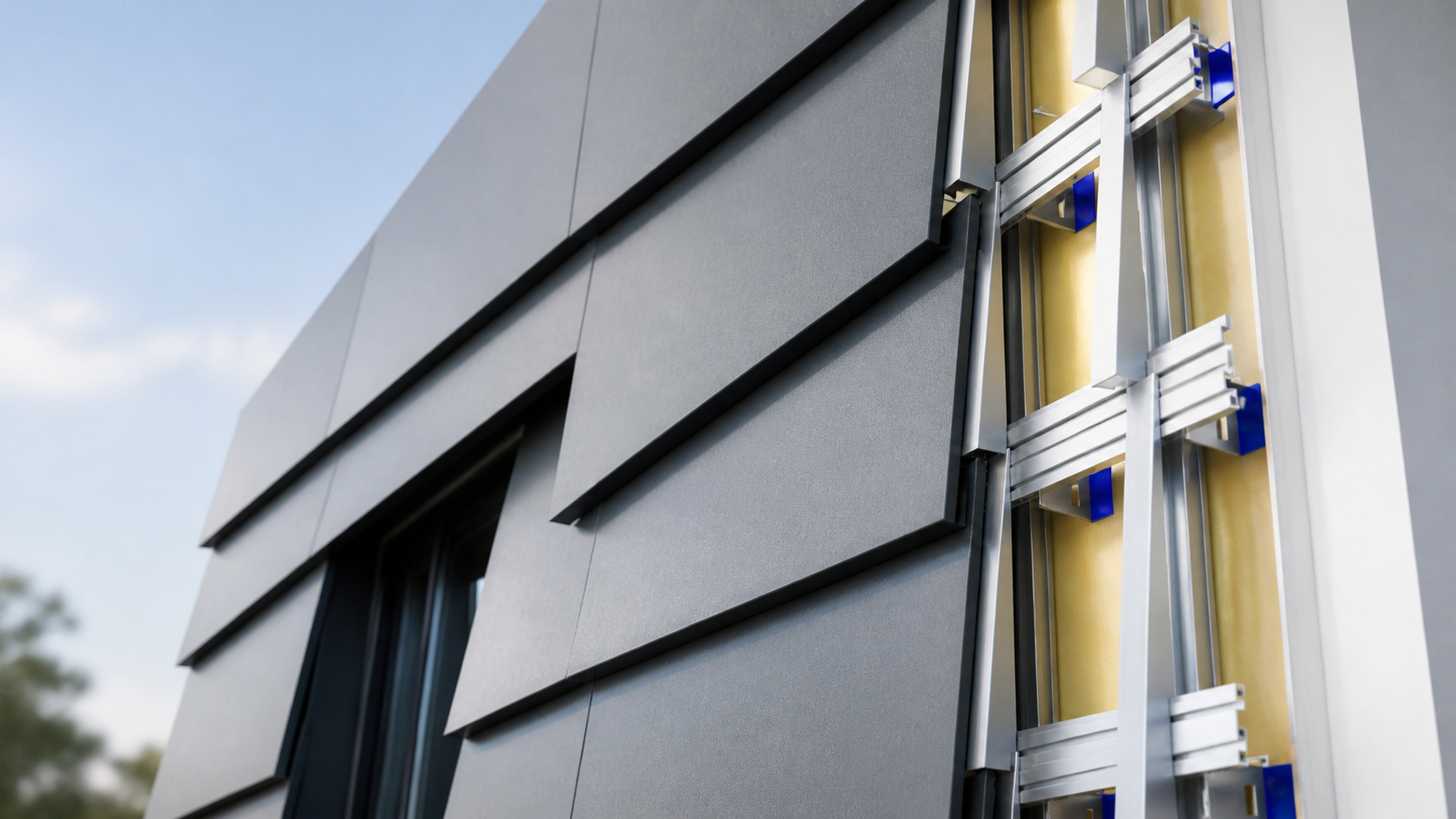 cutaway rendering of metal panel cladding showing the rainscreen framing behind it