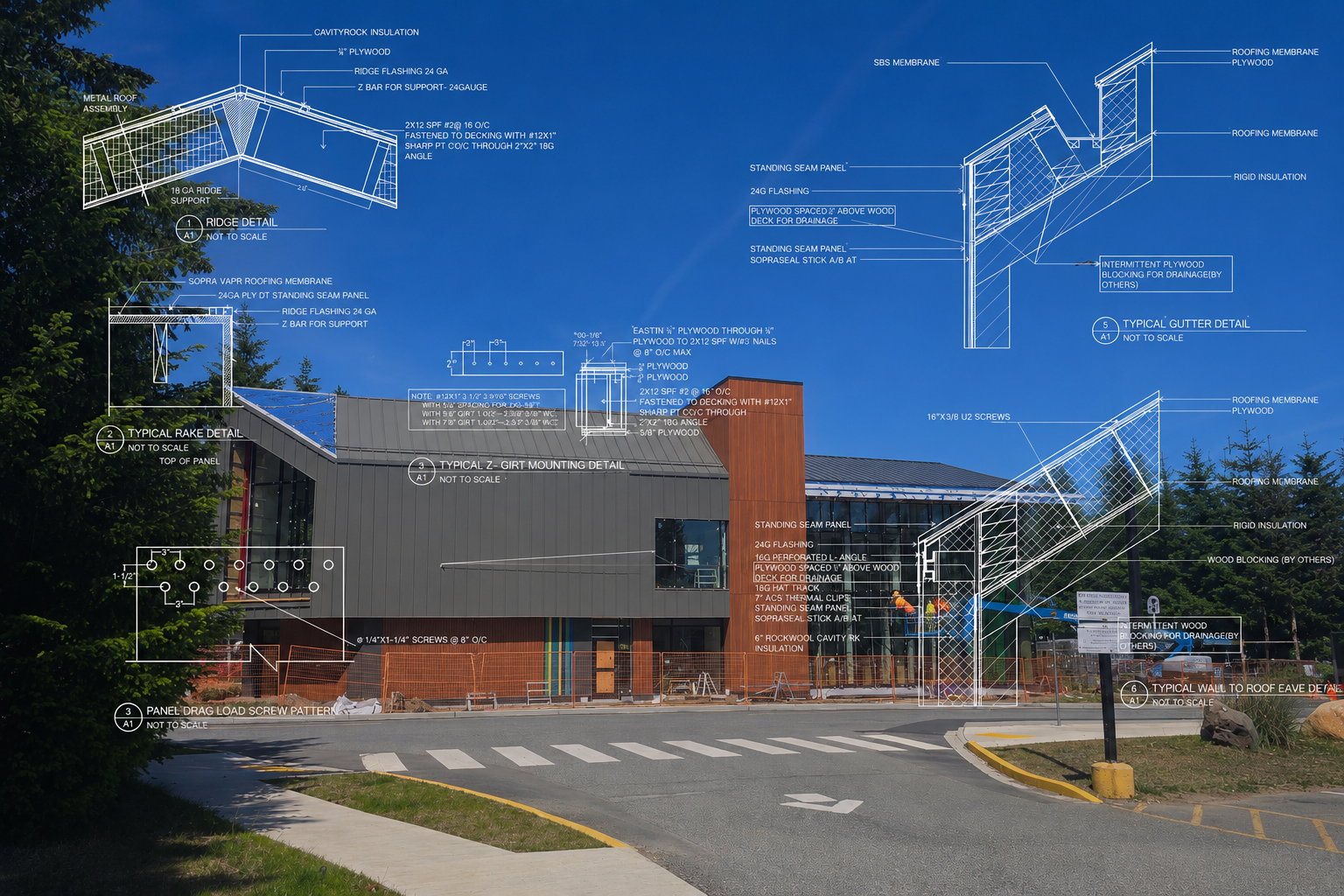 technical drawings of metal roof and wall flashing details over a building under construction