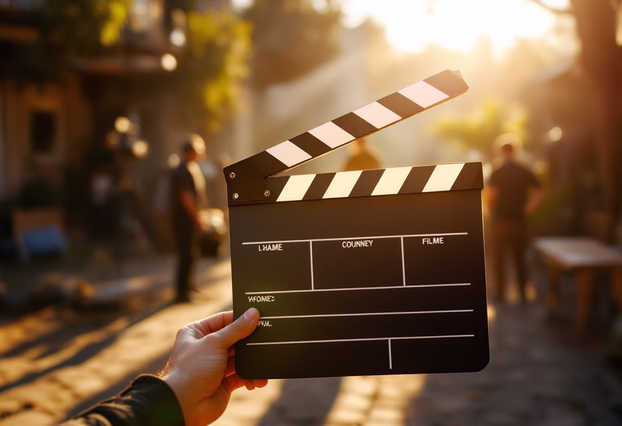 image of a clapboard on a film set