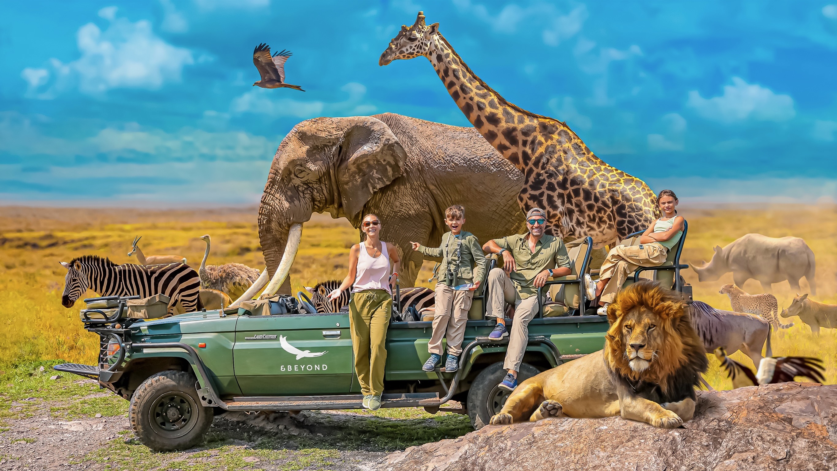 The Lockwood family sitting on an African safari jeep, surrounded by Big Five animals