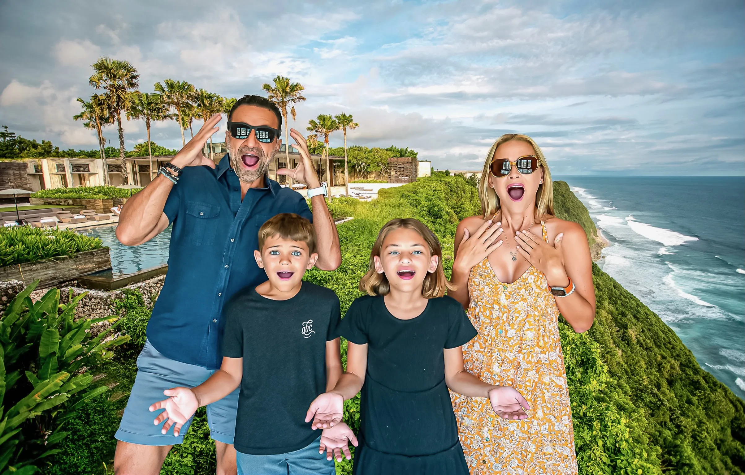 The Lockwood family looking shocked in front of a luxury Bali resort