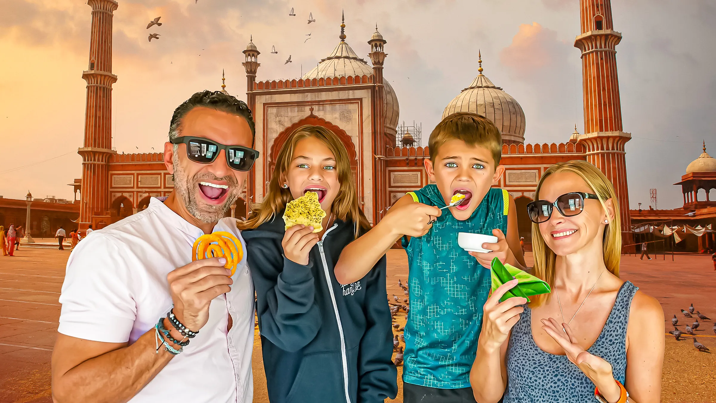The Lockwood family eating Indian foods in front of the Jama Masjid in Delhi