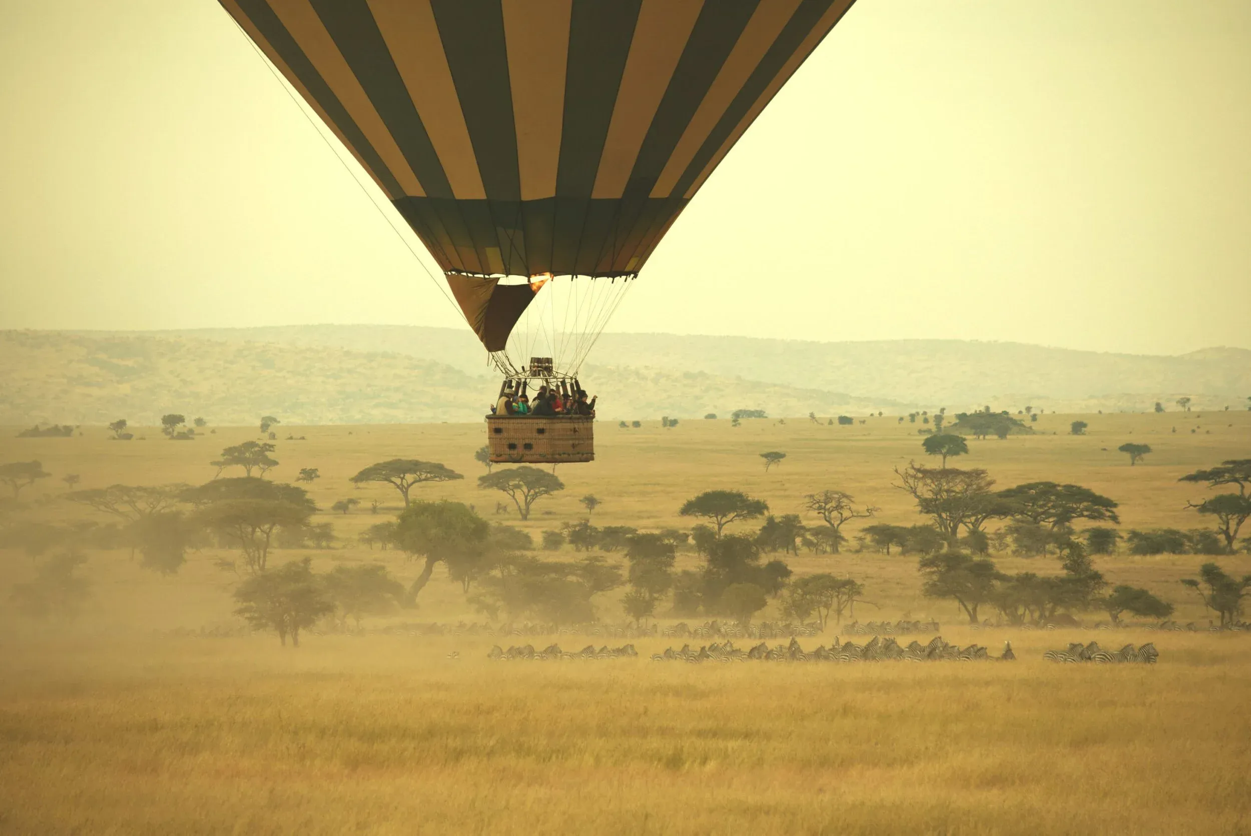 A hot air balloon soars over African landscape