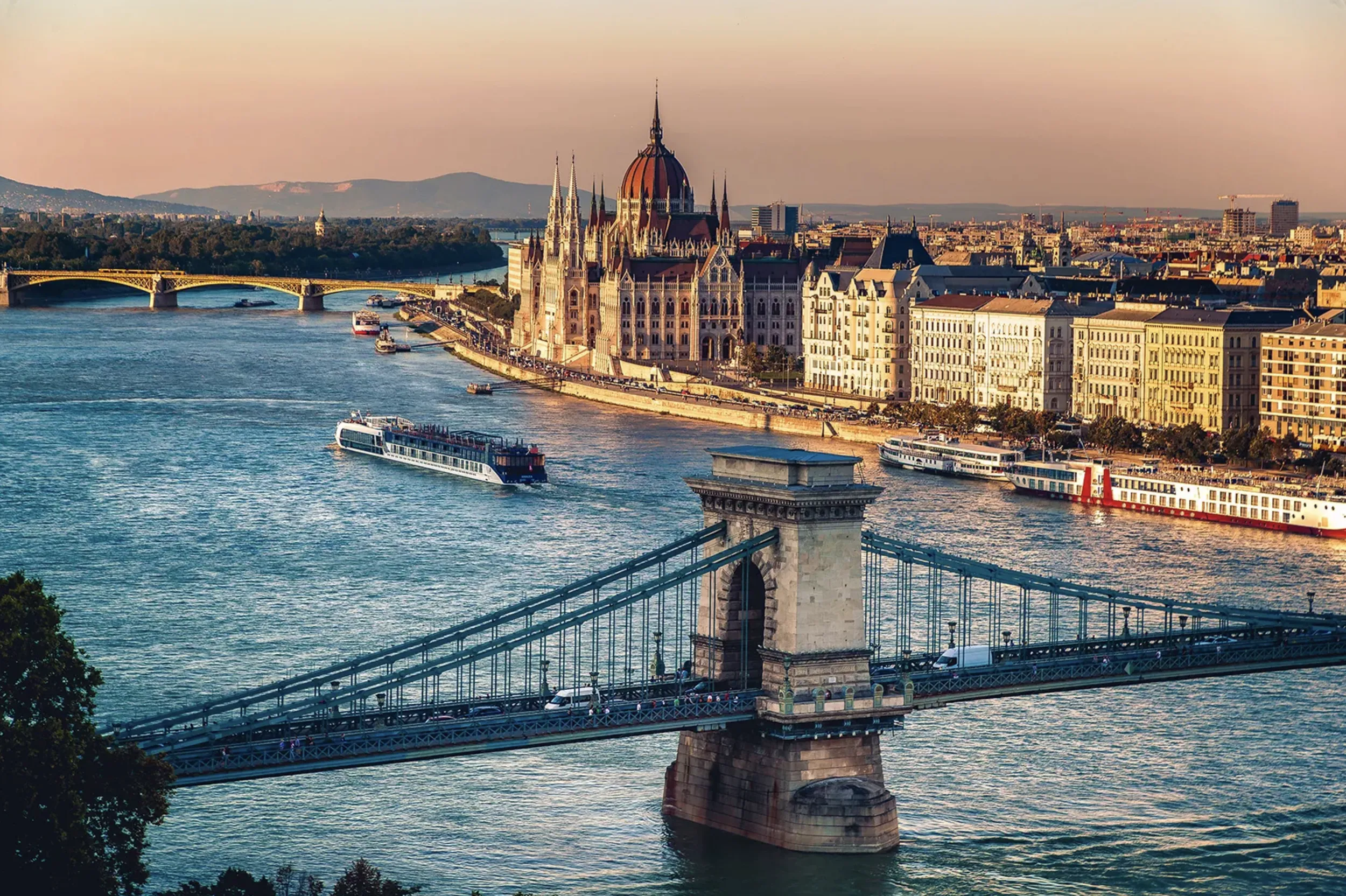 Aerial, over-river view of Budapest