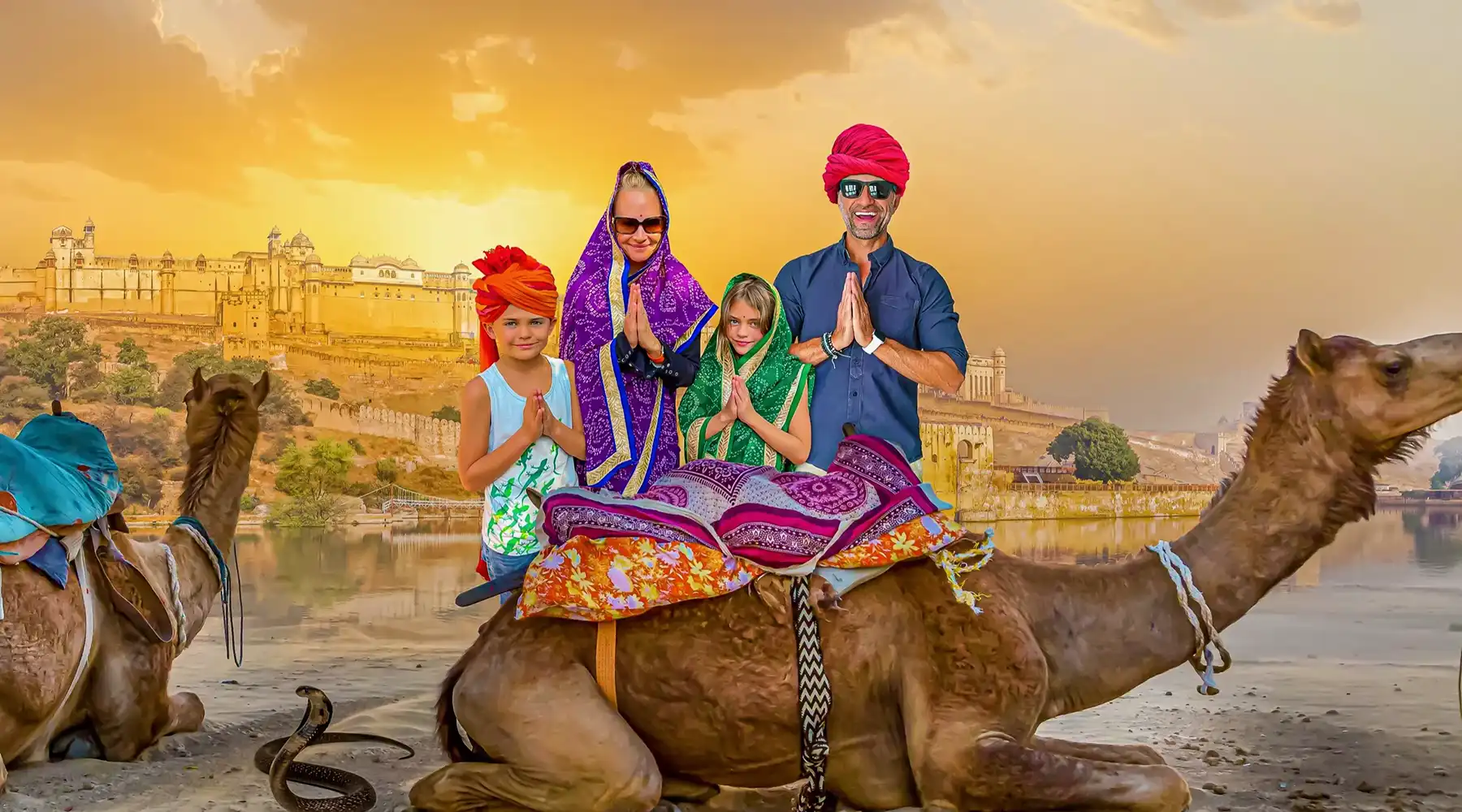 The Lockwood family poses behind a camel in Jaipur, India