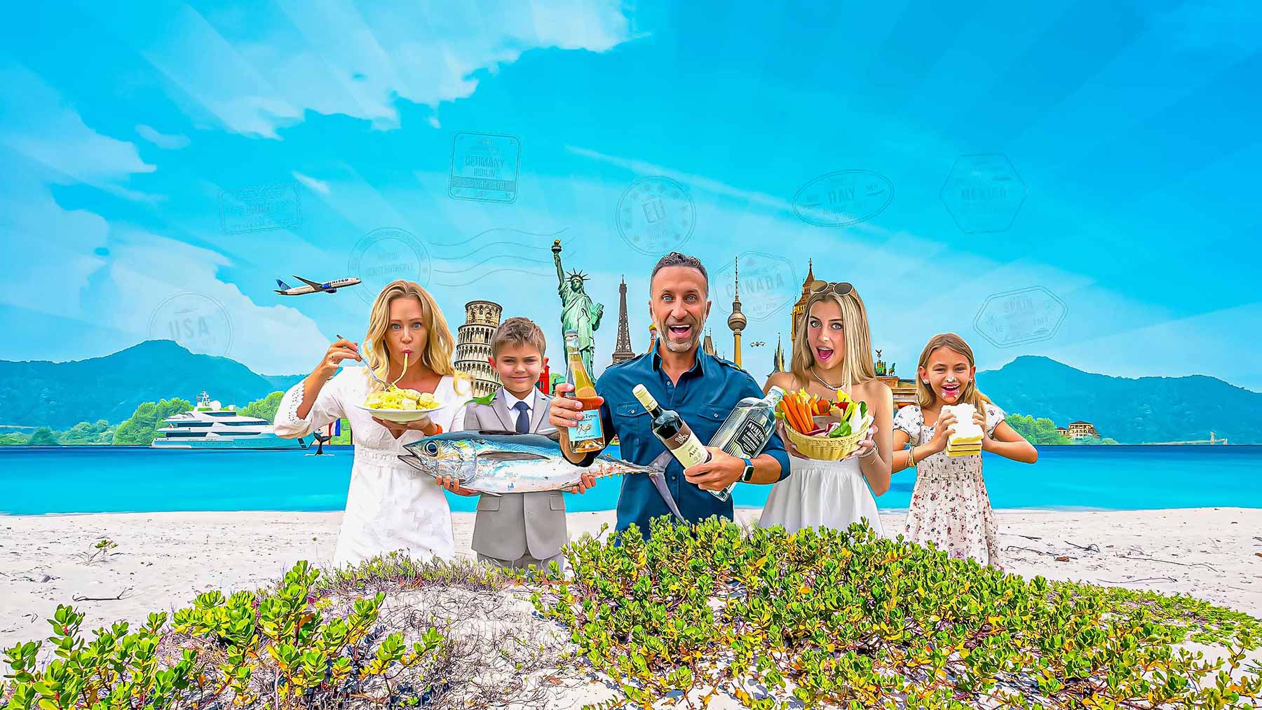 The Lockwood family posing in a collage of international travel icons