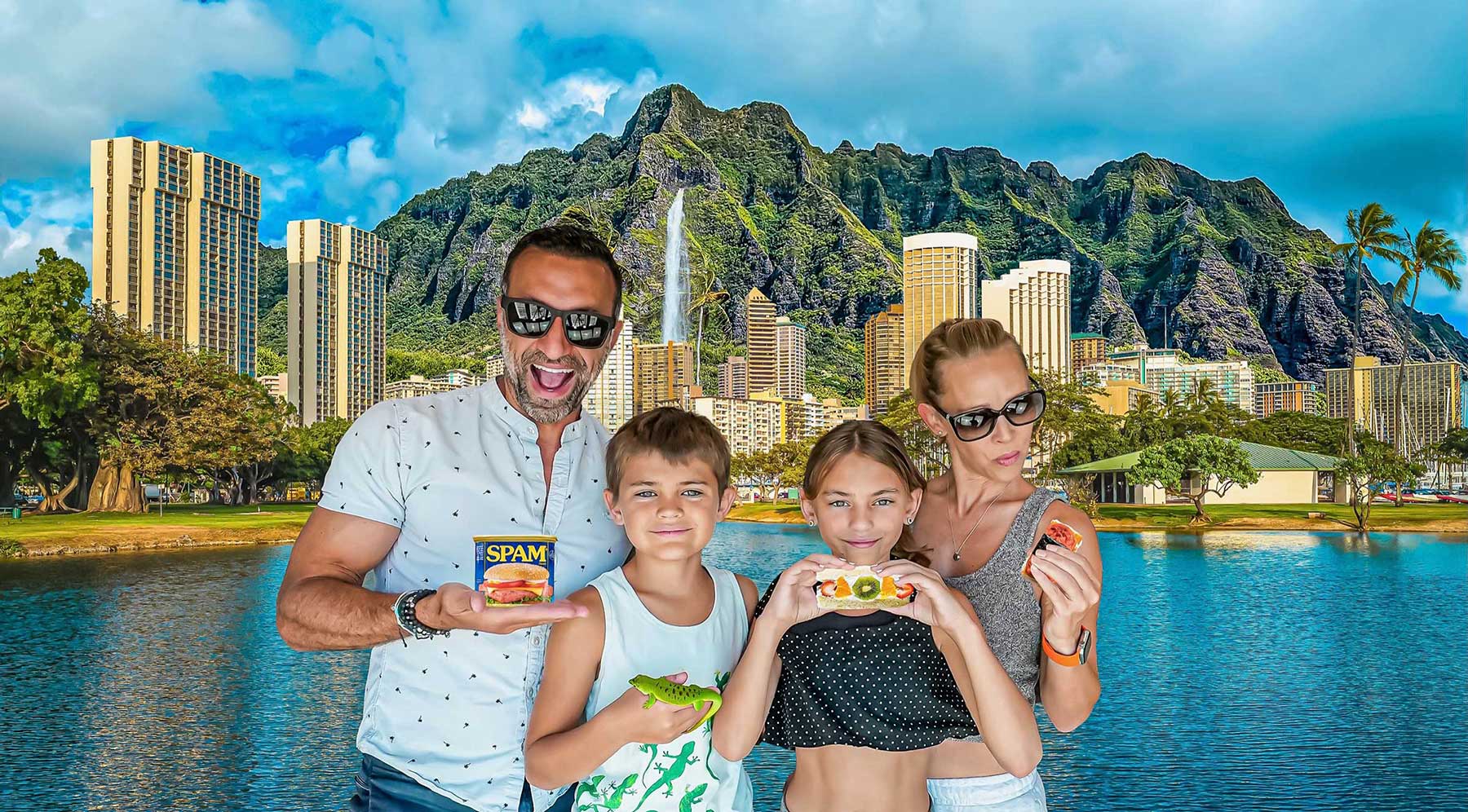 The Lockwood family holding local delicacies in Oahu, Hawaii