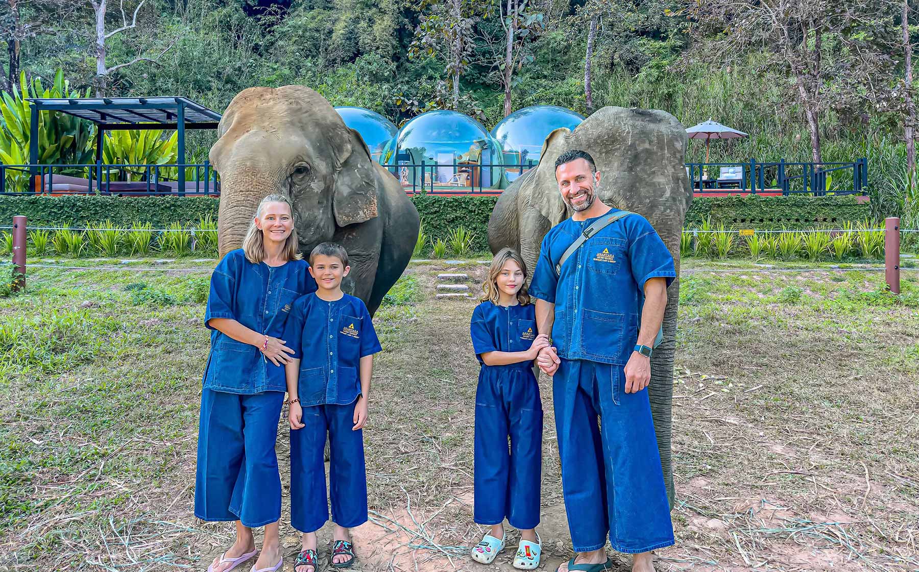 The Lockwood family stands with rescue elephants and jungle bubbles in Thailand