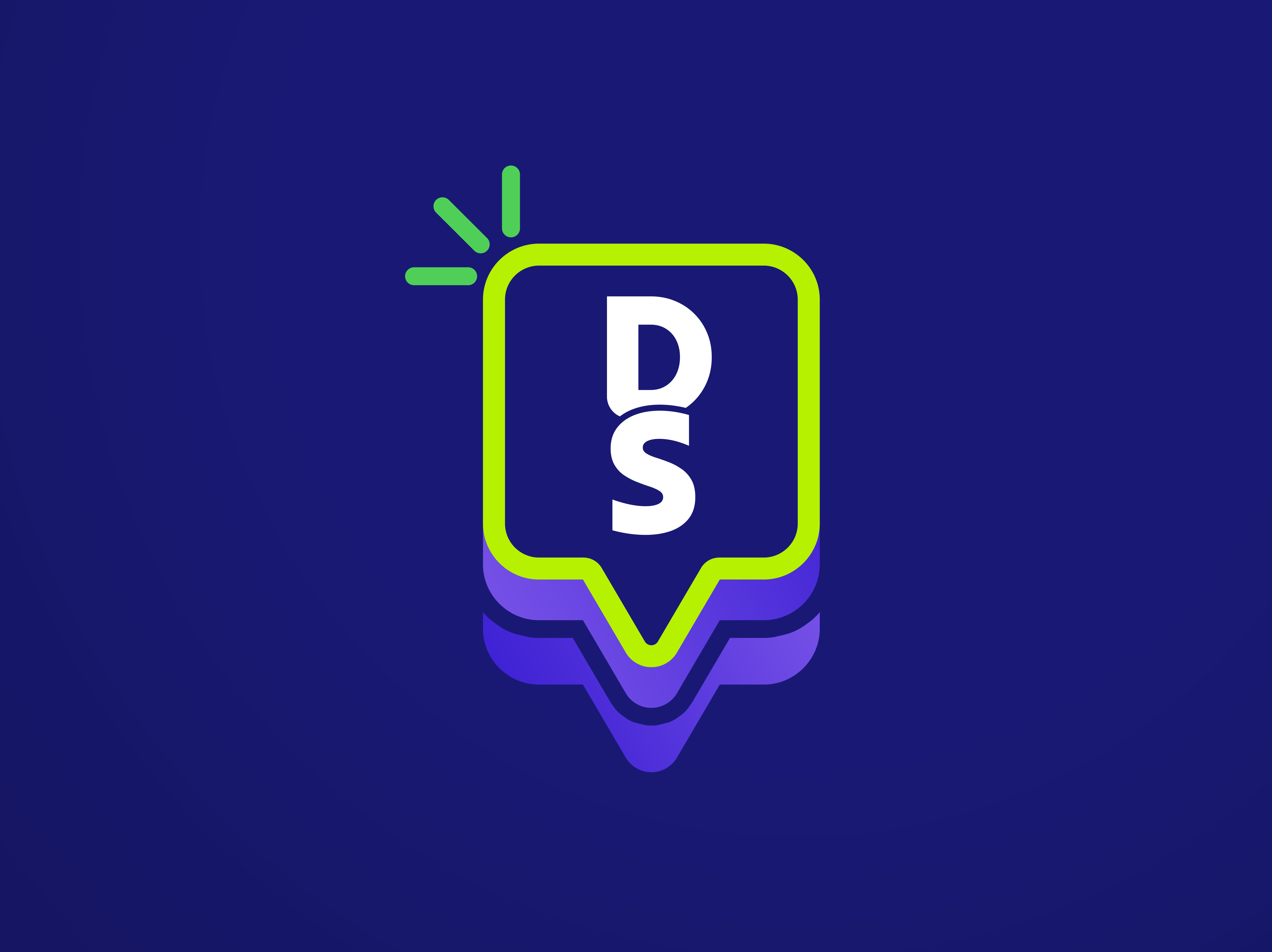 Green speech bubble with white letters DS and layered purple shadow on dark blue background.