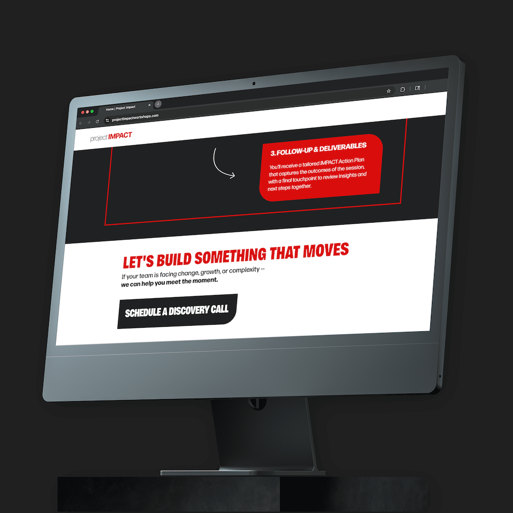 Desktop screen showing Project Impact page with call to schedule a discovery call in red and black text.