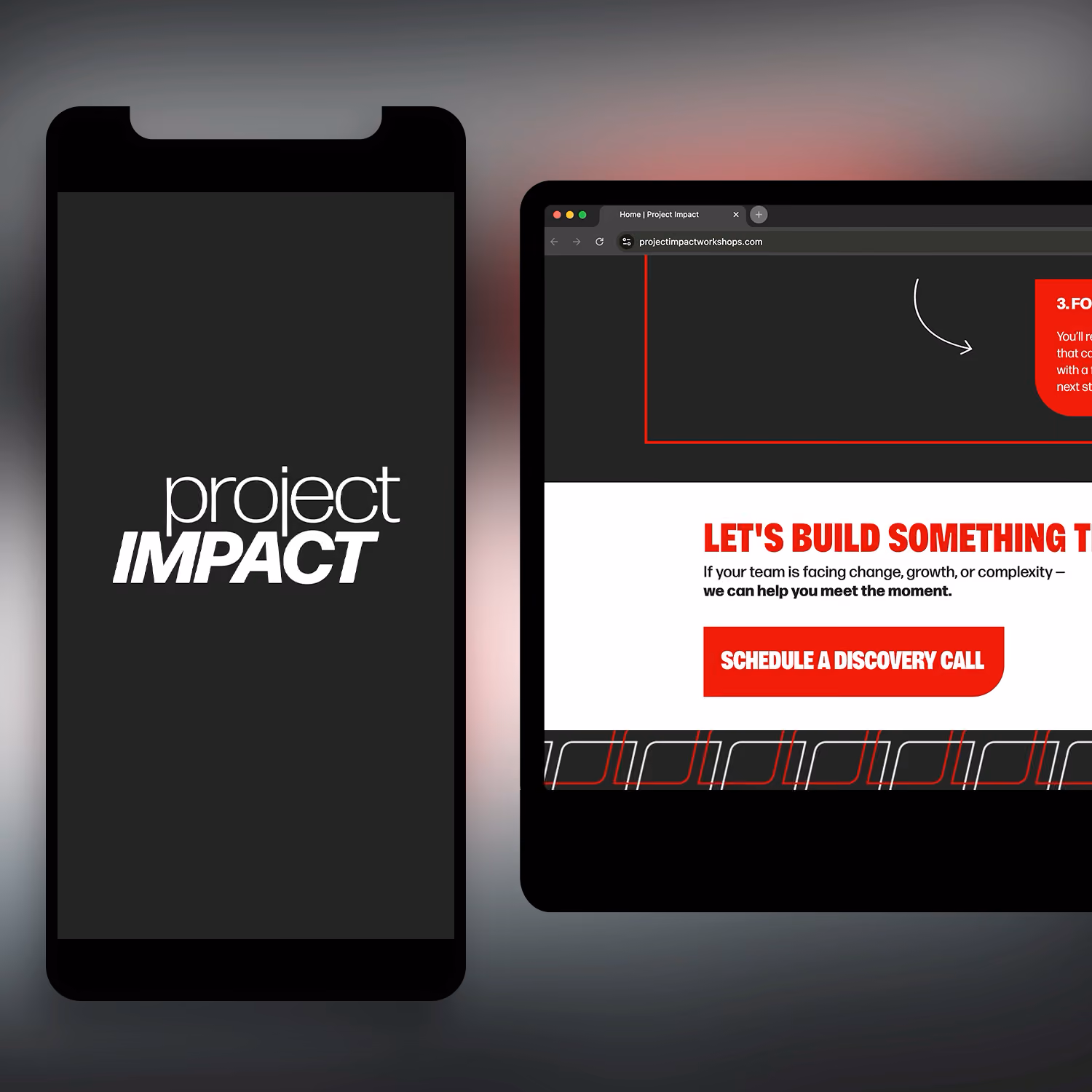 Smartphone and laptop screen displaying Project Impact logo and a website call to action to schedule a discovery call.