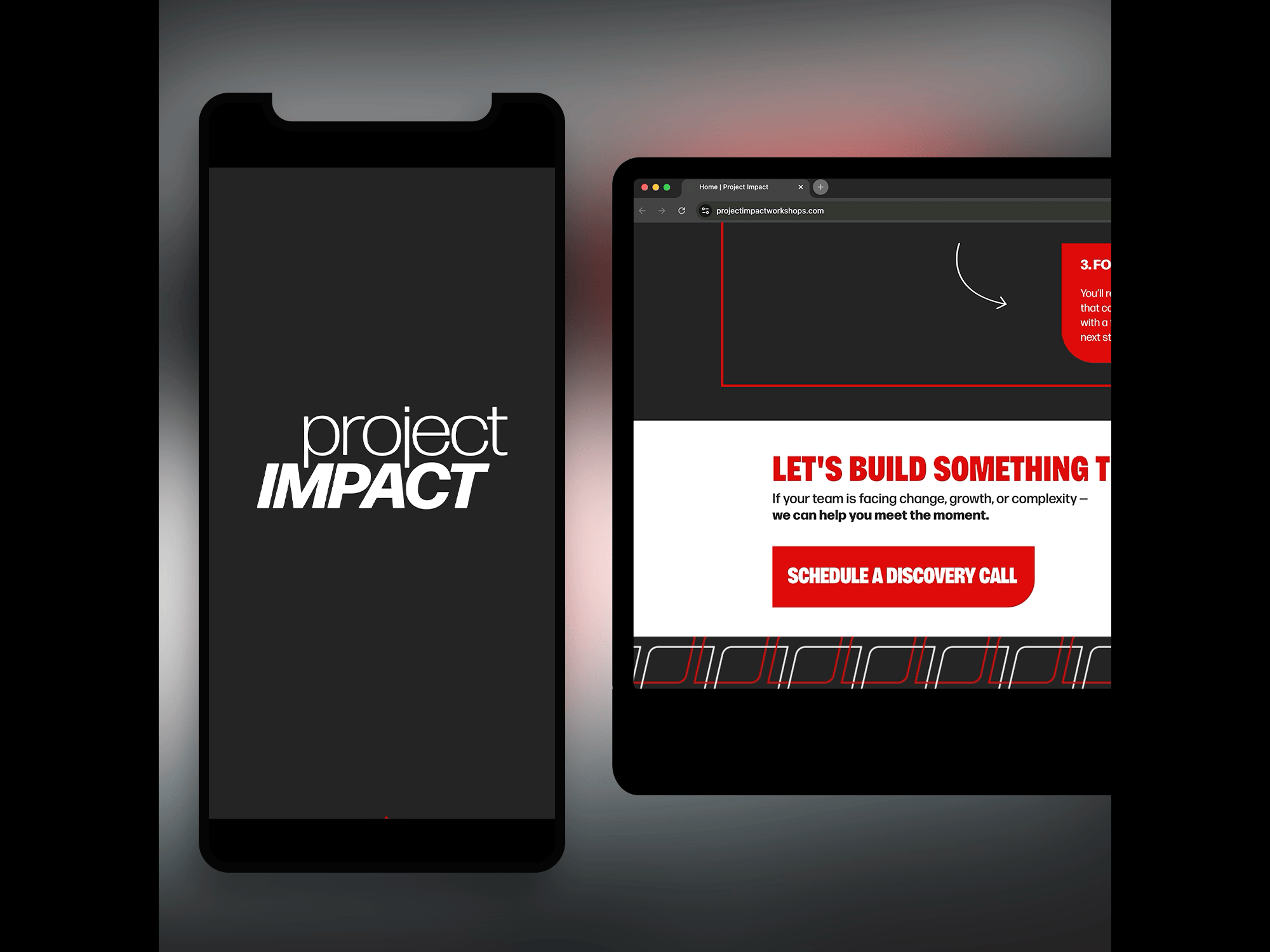 Phone showing Project Impact logo next to a laptop screen with a website and a red schedule button.
