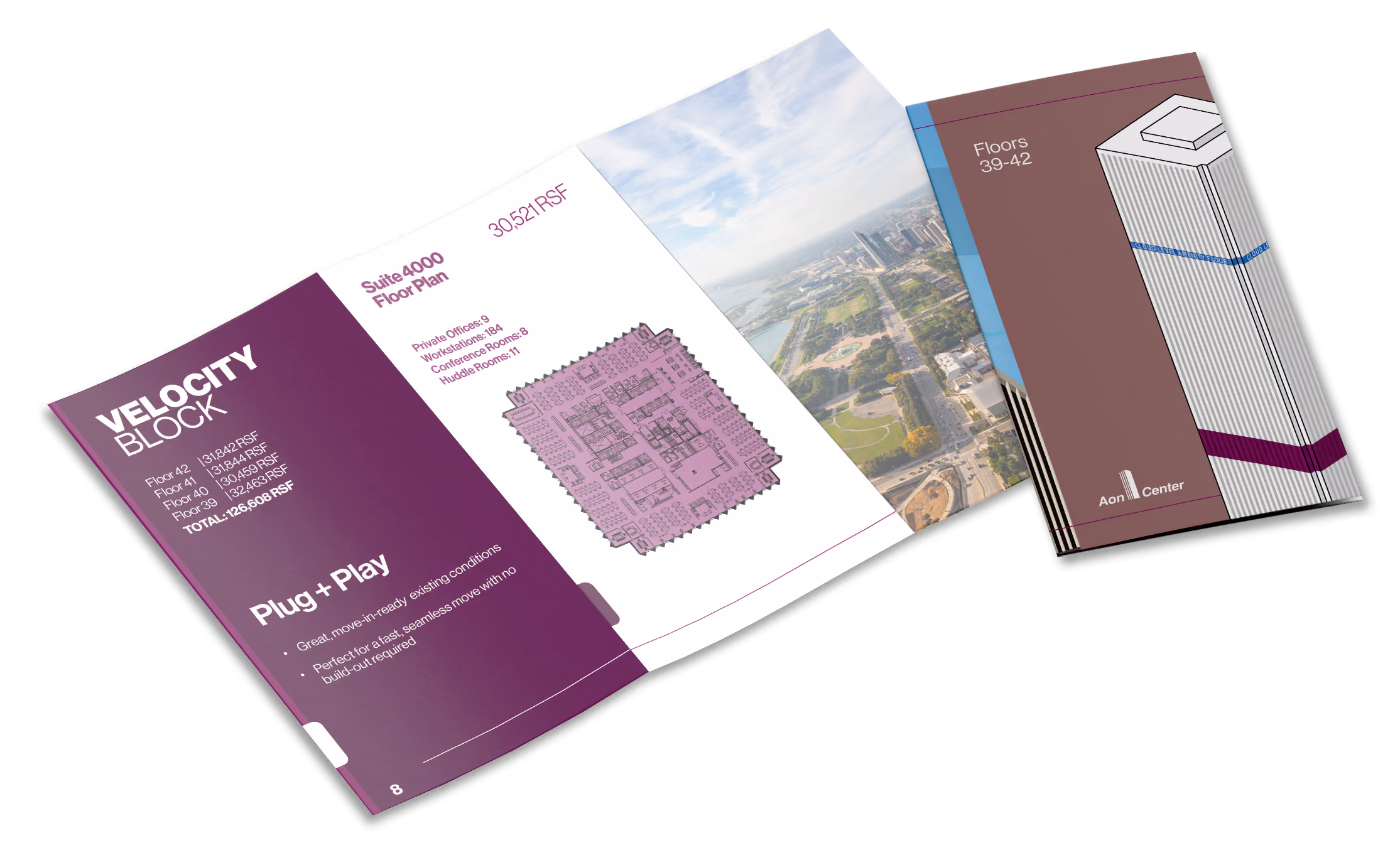 Open brochure showing Velocity Block floor plan, suite details, and an aerial city view.