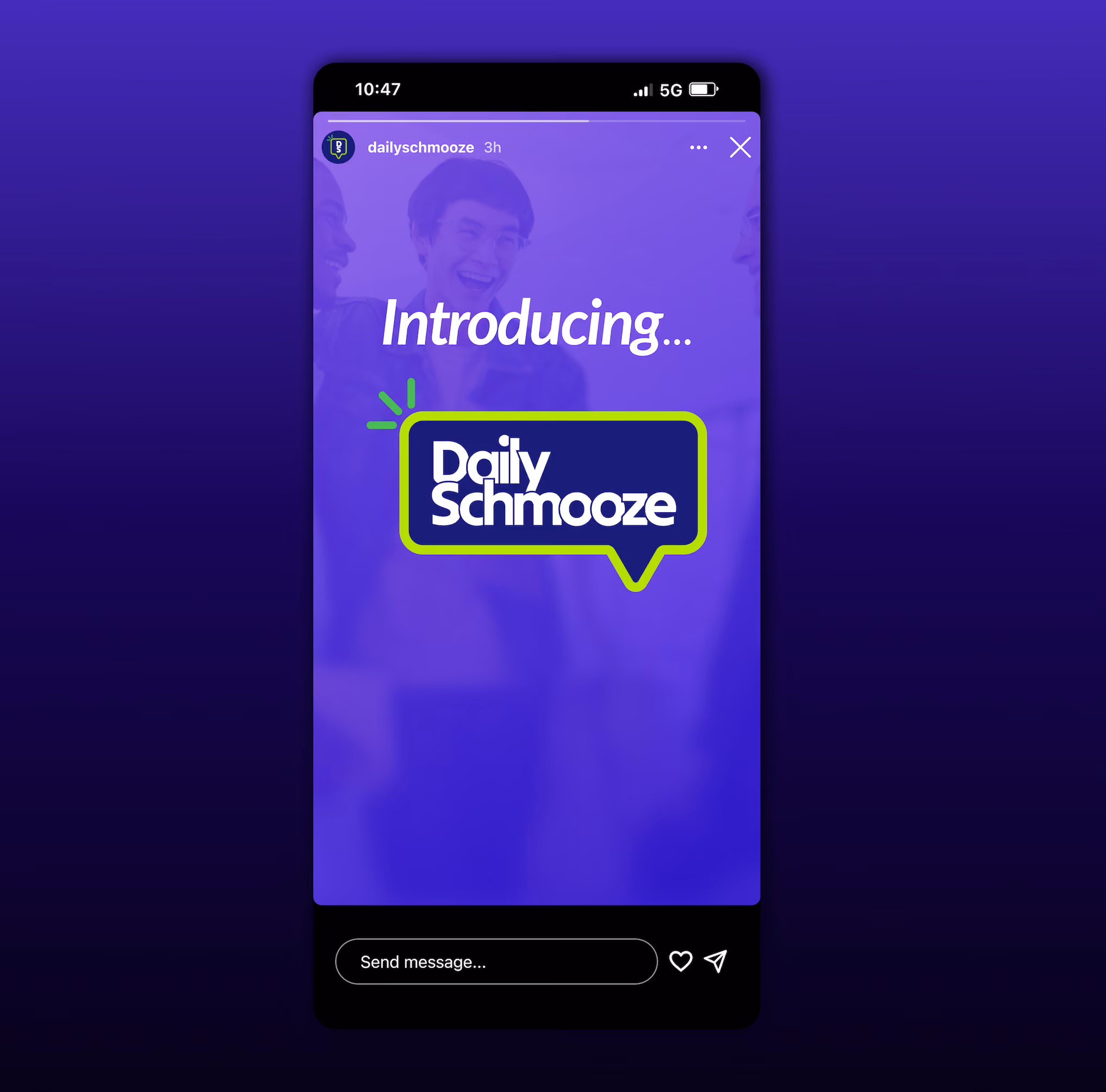 Social media story screen showing text 'Introducing Daily Schmooze' with blurred background of people.