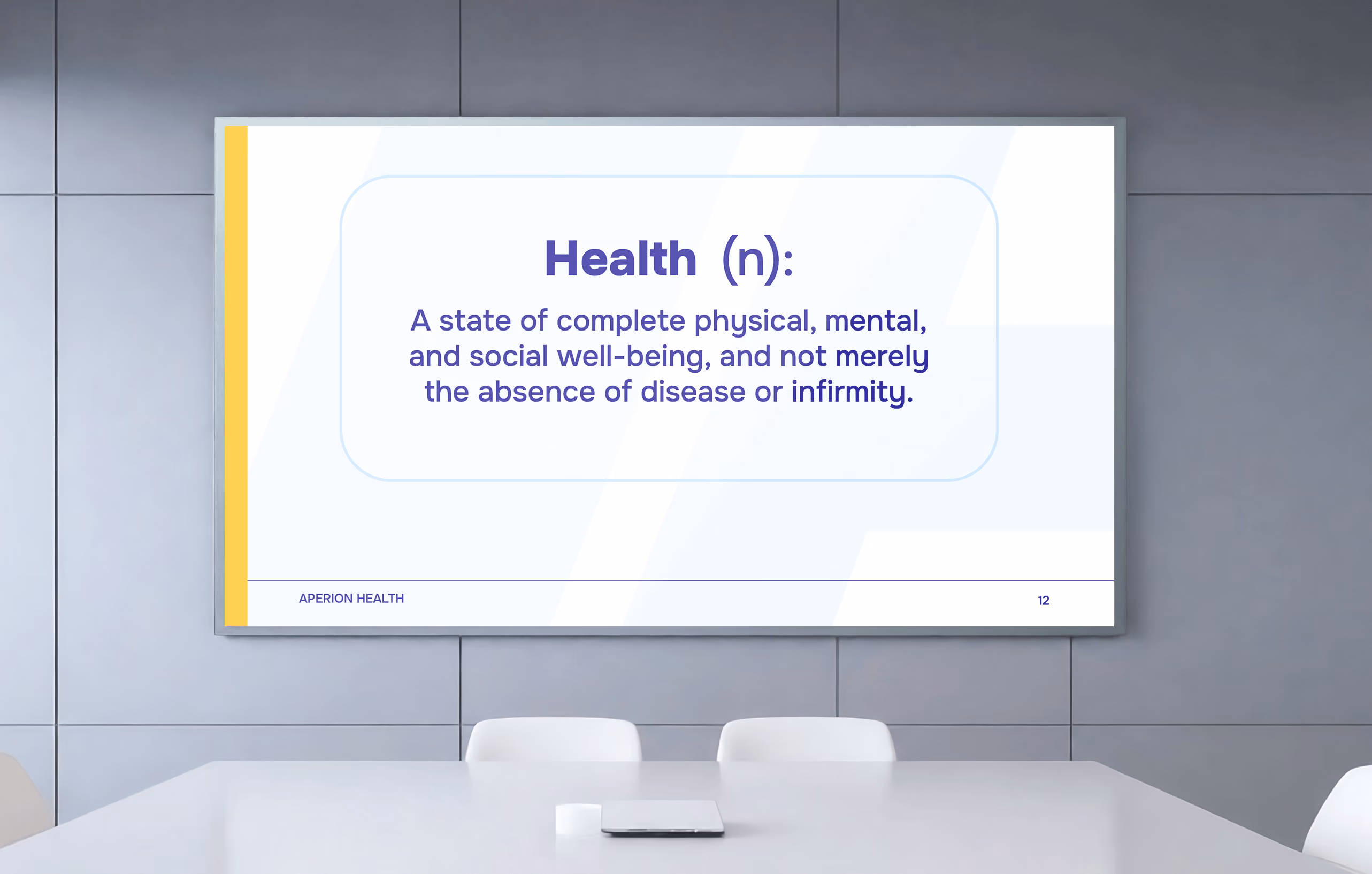 Slide defining health as complete physical, mental, and social well-being, not just absence of disease.
