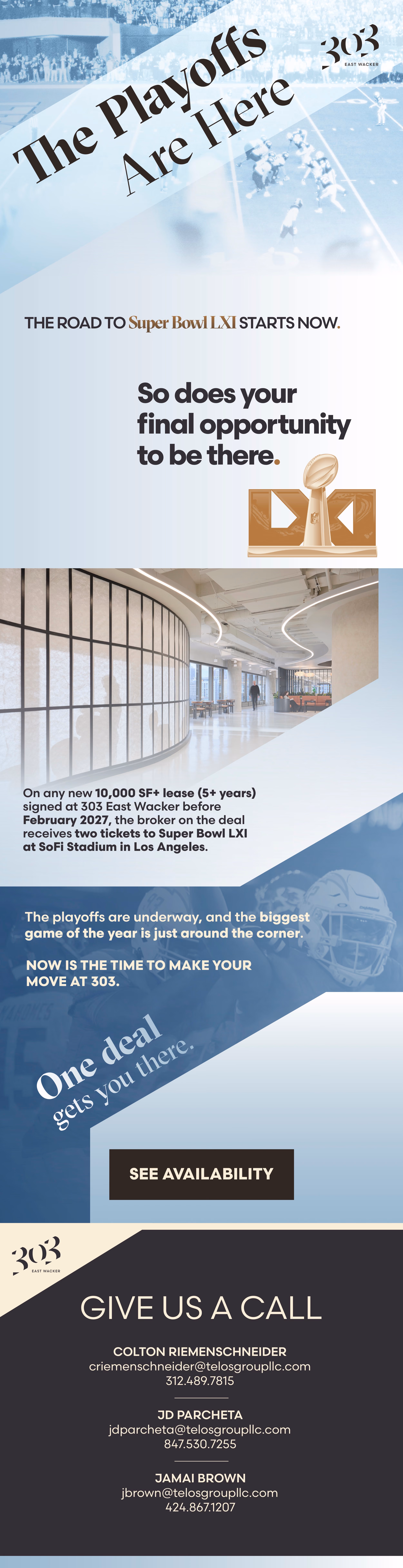 Advertisement for 303 East Wacker lease offering Super Bowl LXI tickets with contact details and office image.