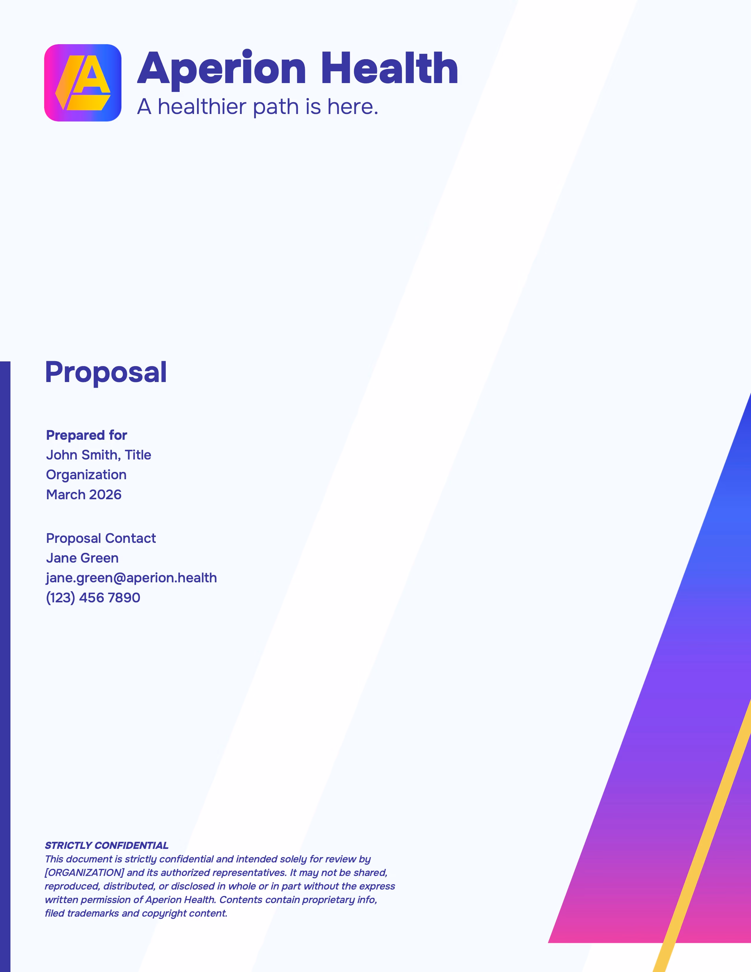 Aperion Health logo and proposal cover page with contact info and confidentiality notice.