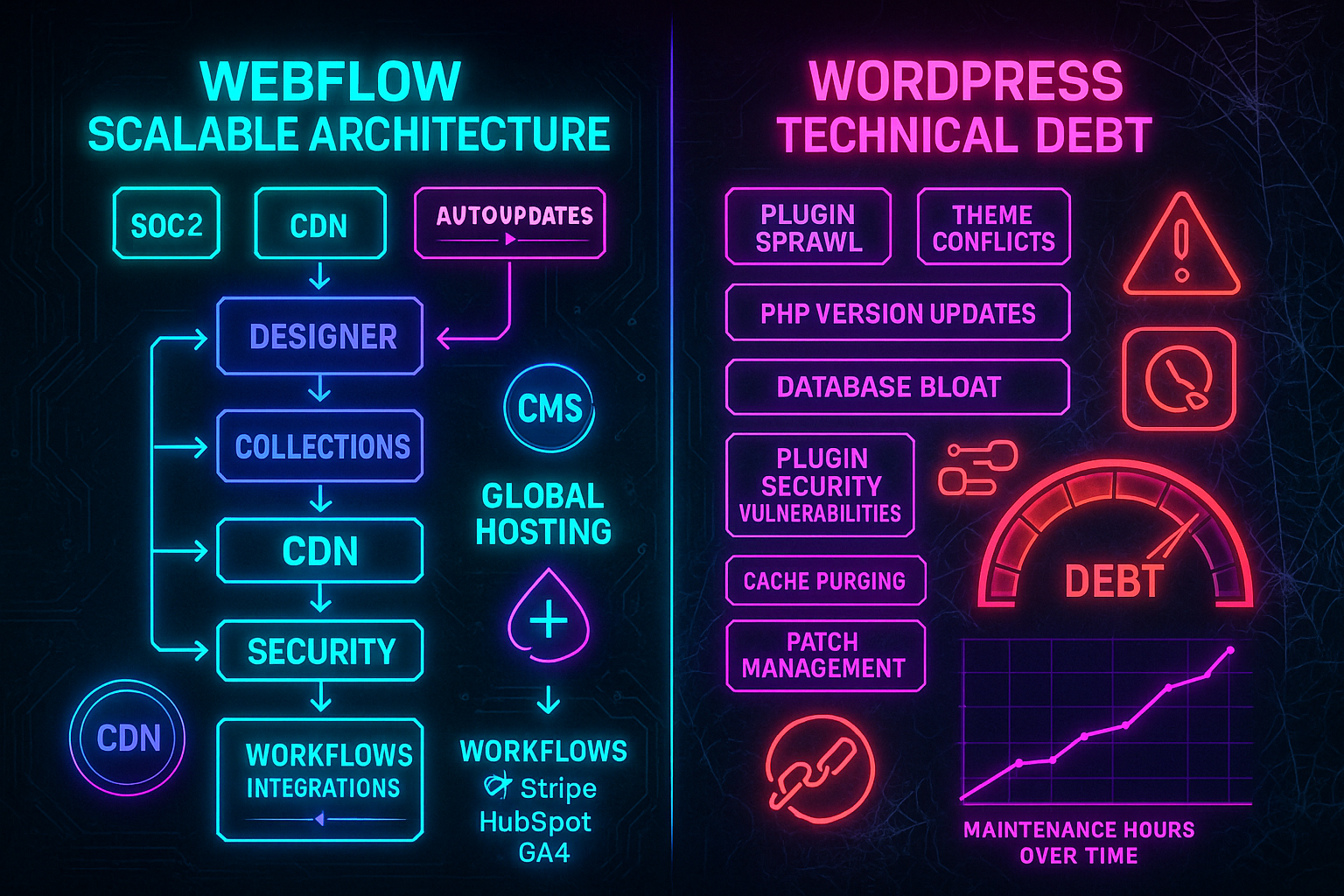 image of Website scalability: Webflow's clean architecture vs WordPress technical debt accumulation