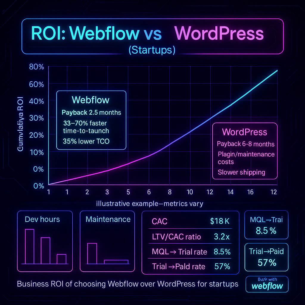 image of Business ROI of choosing Webflow over WordPress for startups
