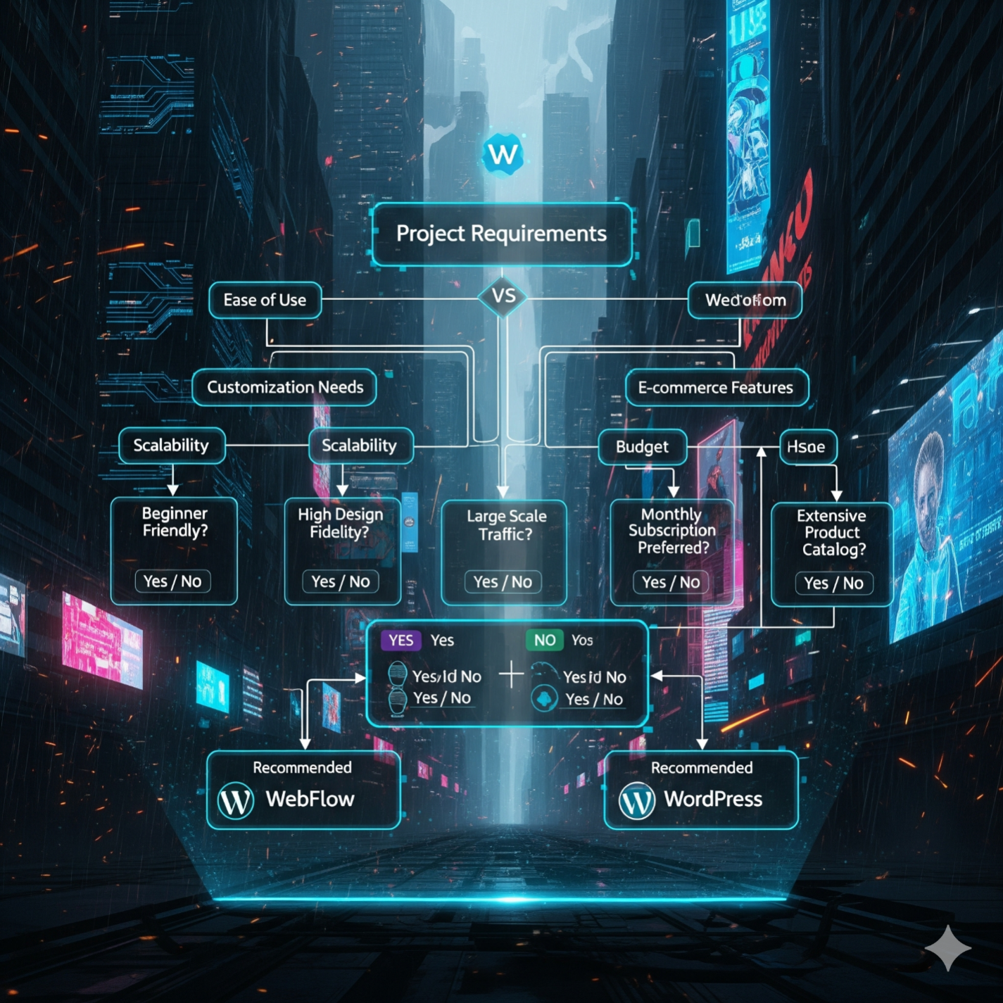 image of Decision flowchart for choosing between Webflow and WordPress based on project requirements