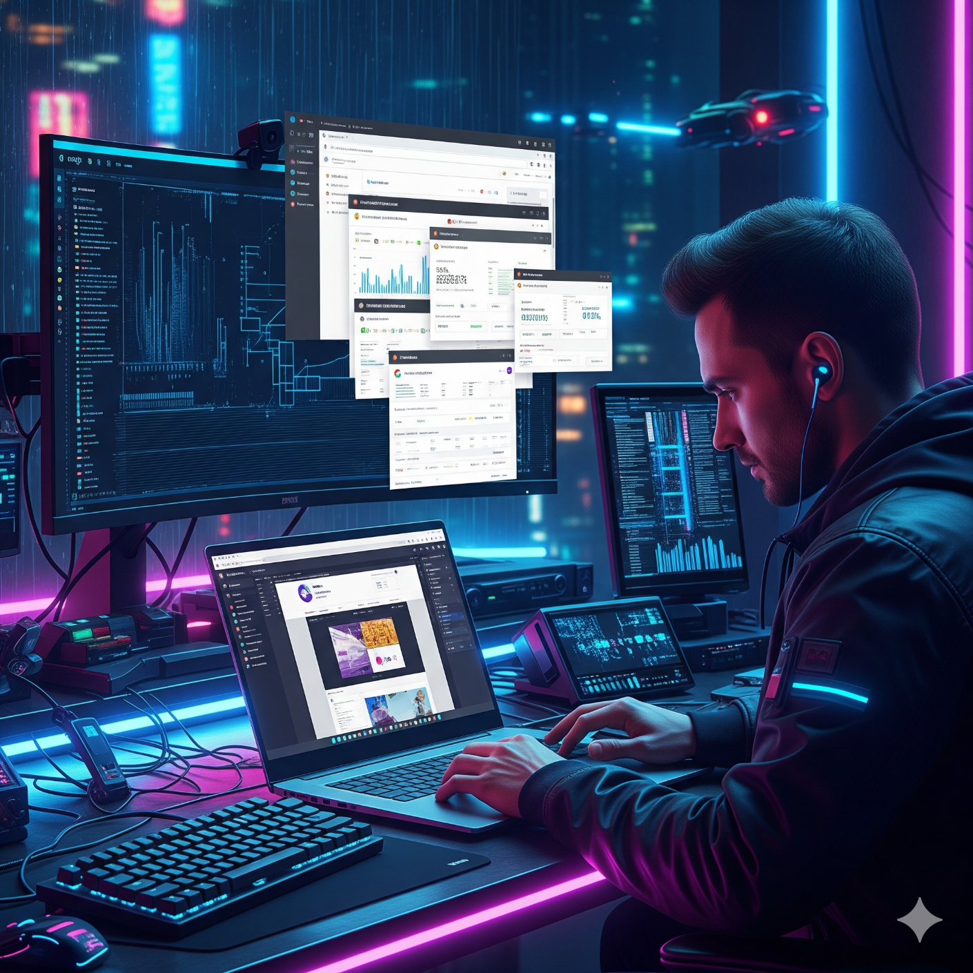 image of Web developer working on Webflow project with multiple browser tabs showing performance testing tools