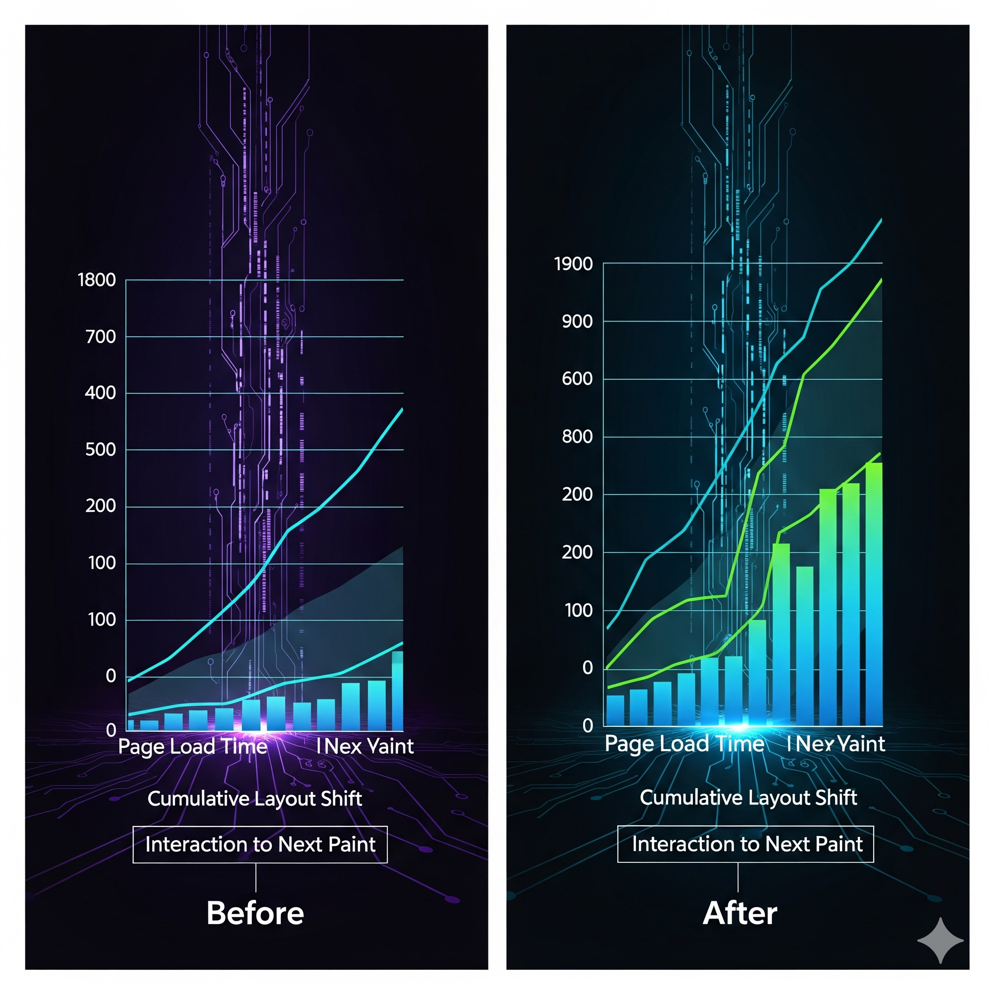 image of Performance improvement charts showing before and after metrics from Webflow migrations