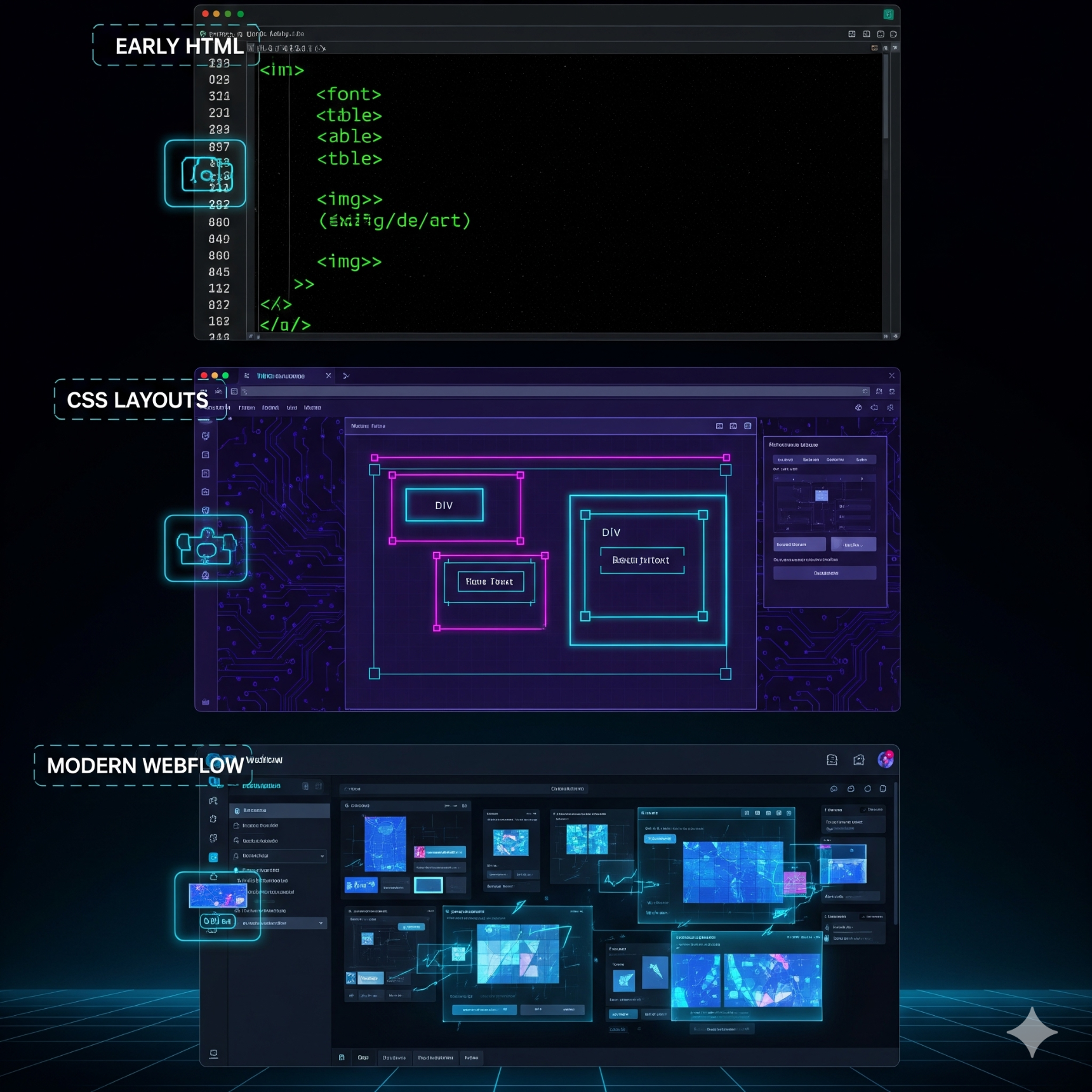 image of Evolution of web development from HTML code to modern Webflow visual editor interface